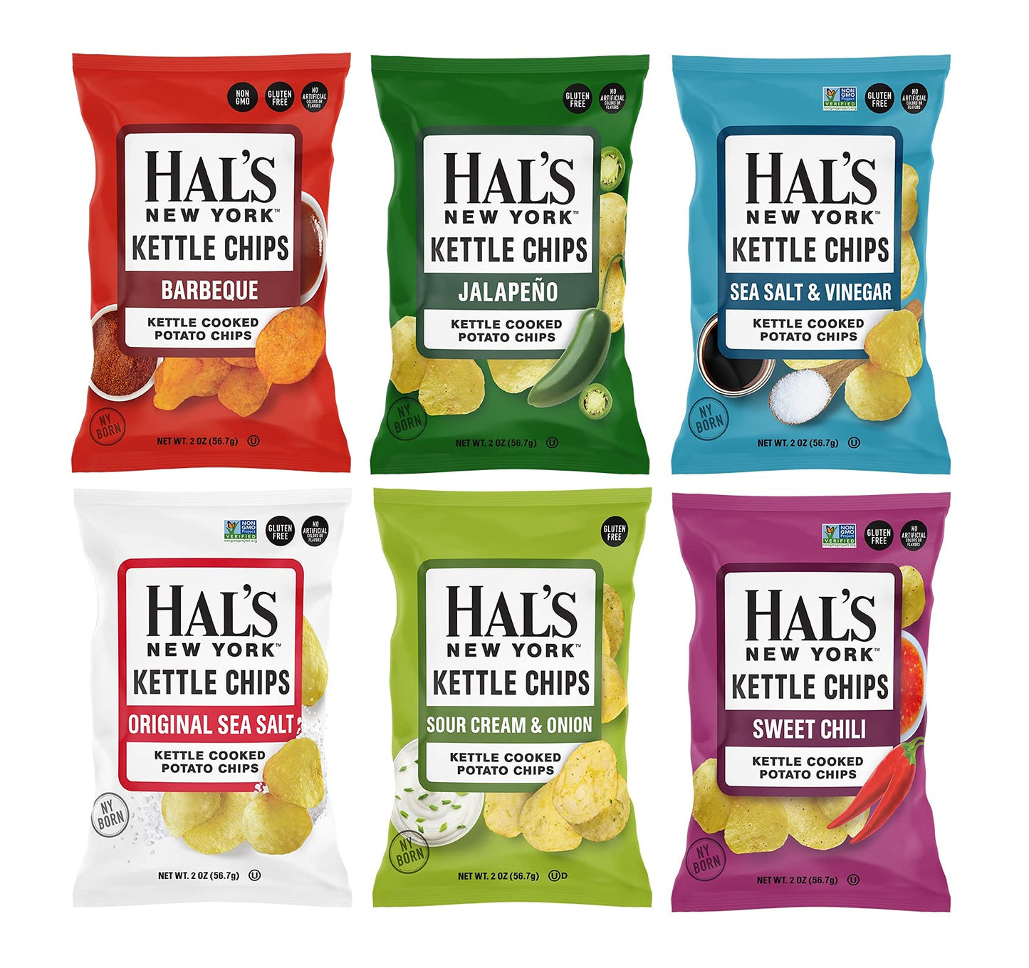 Hals New York Kettle Cooked Potato Chips, Variety Pack, 6 Flavors, 2 Oz (Pack of 24)
