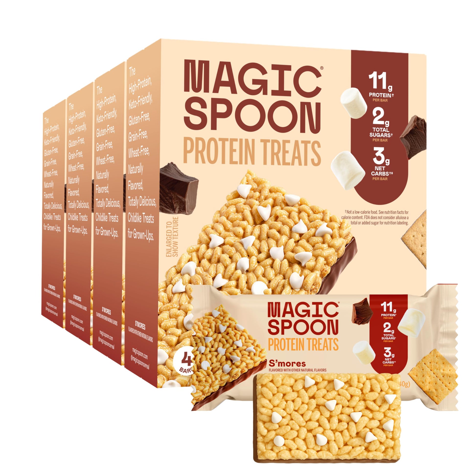 Magic Spoon High Protein Keto Cereal Bar Snacks - Low Carb, Low Sugar, Gluten Free, Smores Flavor, 16 Bars, 1 Count Pack of 4