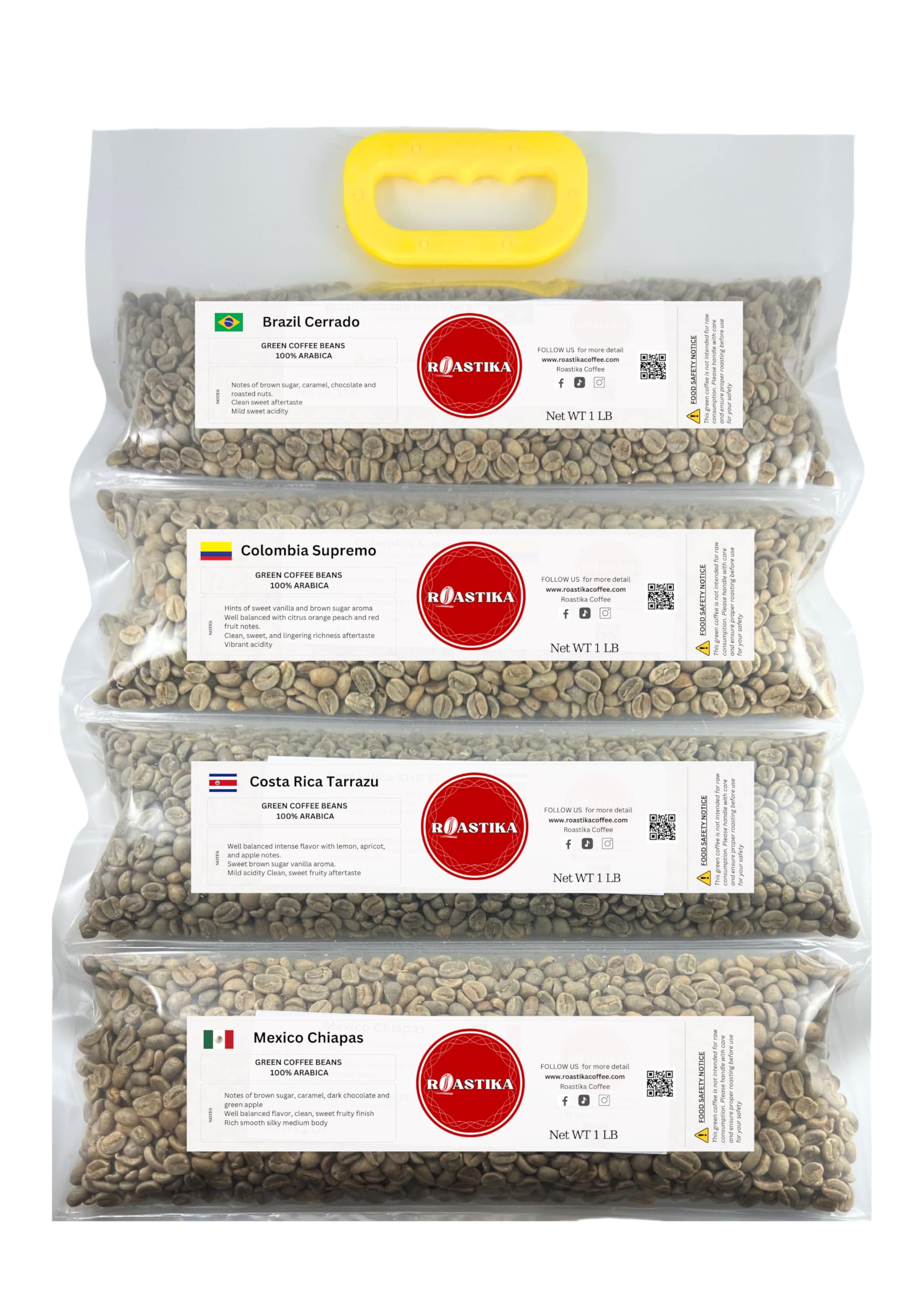 Roastika - Bundle 1 - Unroasted Coffee Bean - 4lb (pack of 4) - Sampler Pack - (BRAZIL CERRADO/COLOMBIA SUPREMO/COSTA RICA/MEXIC