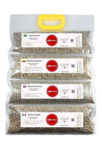 Roastika - Bundle 1 - Unroasted Coffee Bean - 4lb (pack of 4) - Sampler Pack - (BRAZIL CERRADO/COLOMBIA SUPREMO/COSTA RICA/MEXIC