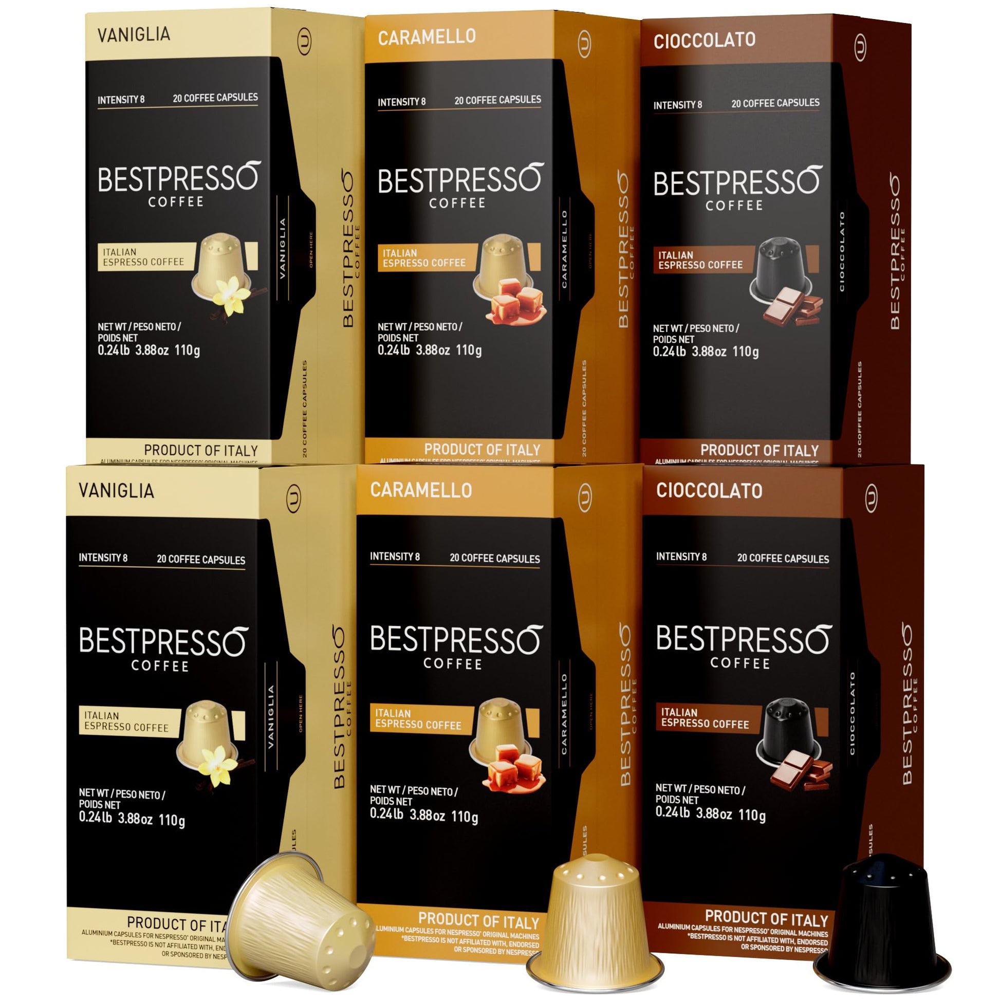 Bestpresso Coffee Pods for Nespresso Original Machine, Variety Pack of 120 Aluminum Pods, Includes Caramel, Vanilla, and Chocolate Flavors