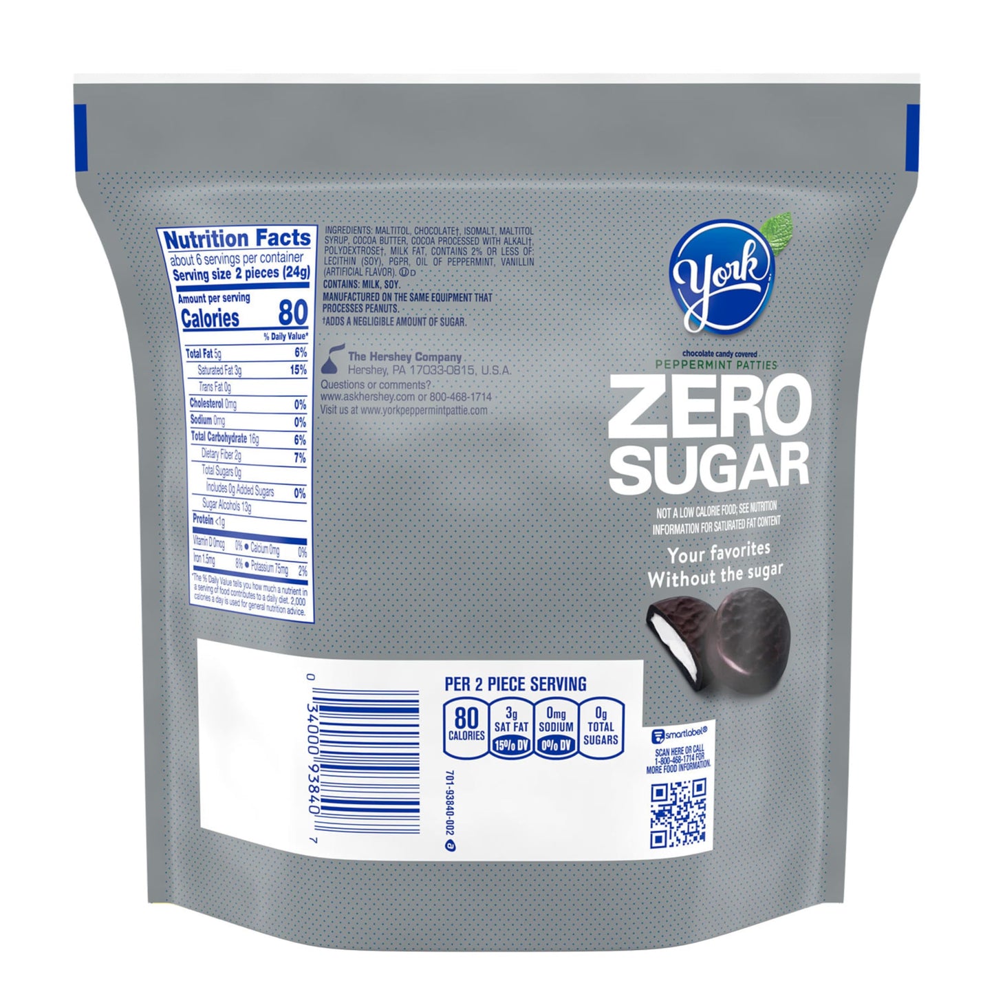 YORK Zero Sugar Chocolate Peppermint Patties, 5.1 oz Candy Bag - Delicious Low-Calorie Treat