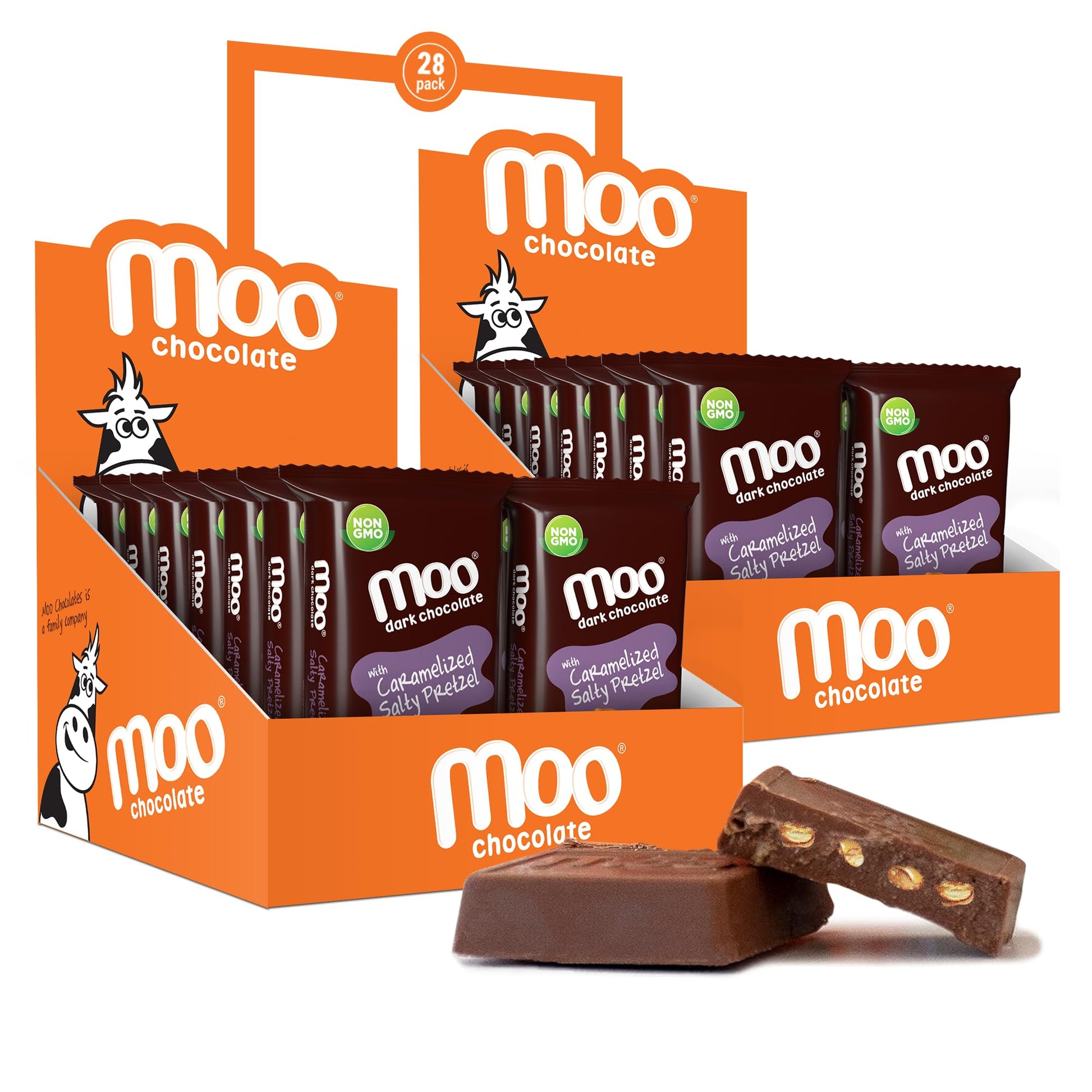 Moo Chocolates All Natural Dark Chocolate Mini Bars with Caramelized Salty Pretzel 0.7 oz, 28 ct (Pack of 2) | 100 Calorie Snack