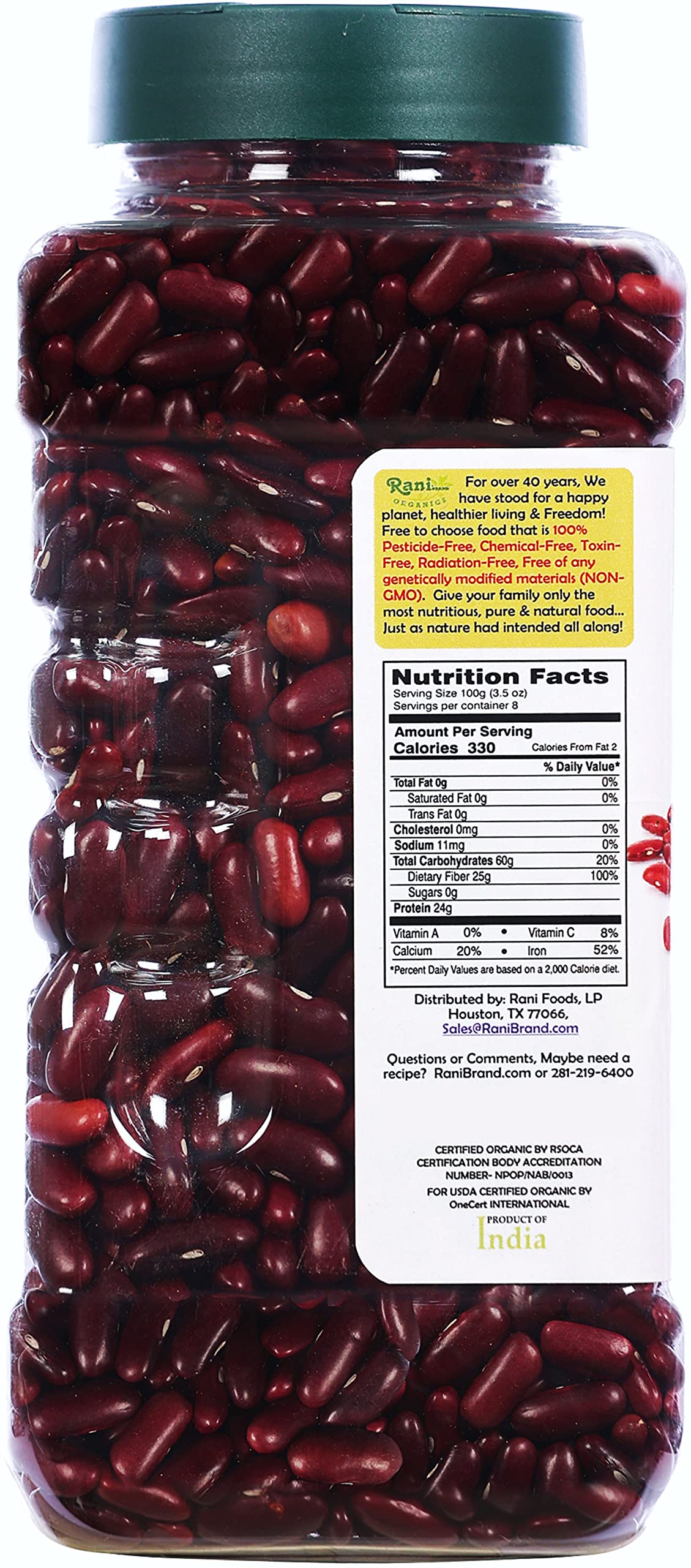Rani Organic Red Kidney Beans (Rajmah Beans) Light 28Oz (1.7Lbs) 800G Pet Jar ~ All Natural | Vegan | Gluten Friendly | Non-Gmo