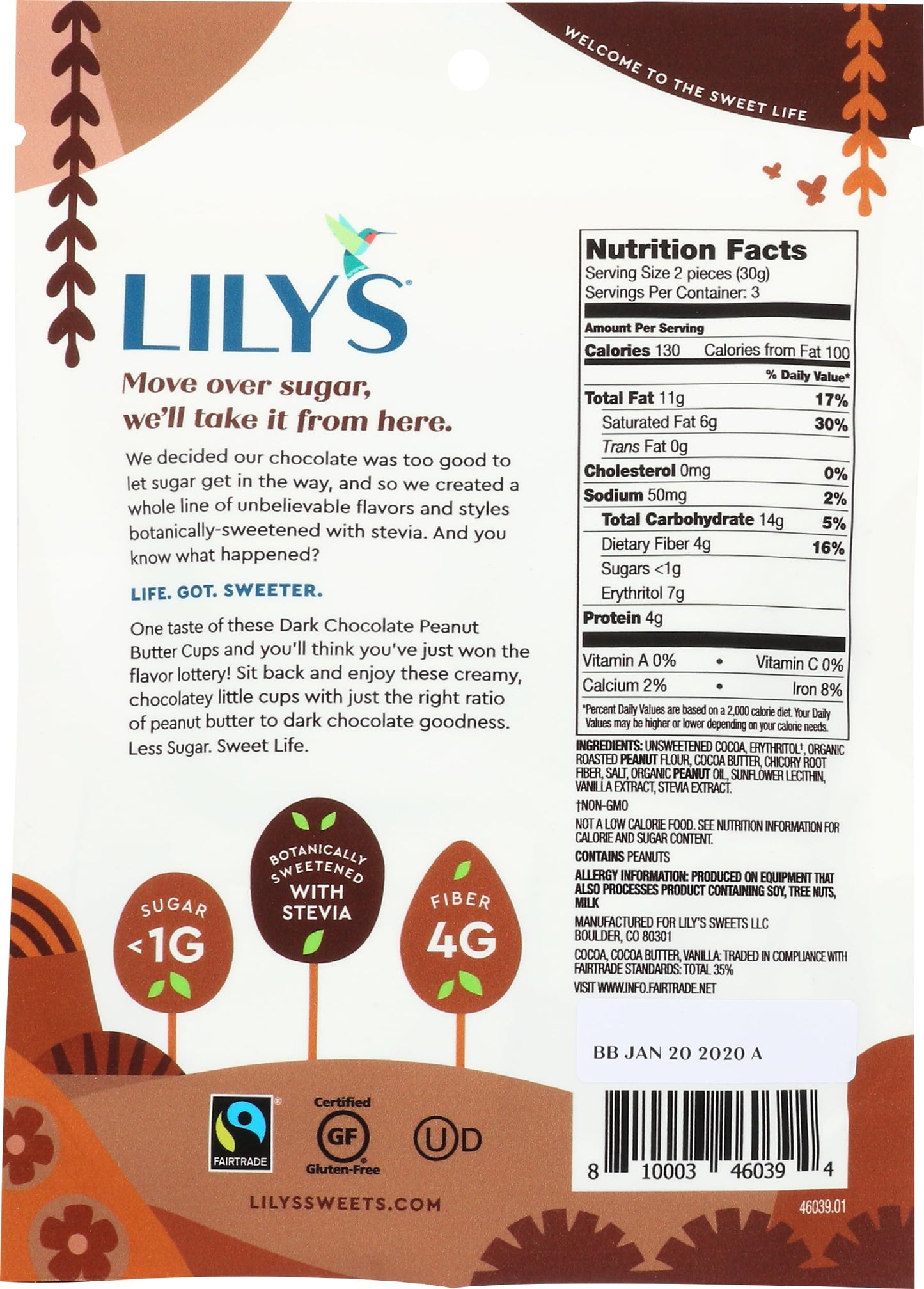 Lilys Sweets Dark Chocolate Peanut Butter Cups 3.2 Ounce Pouch