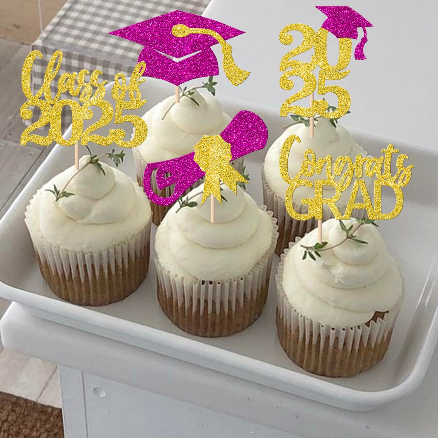 YCTHUNFISH Graduation Cupcake Toppers, 30 Pack, Glitter Class of 2025, Gold Purple