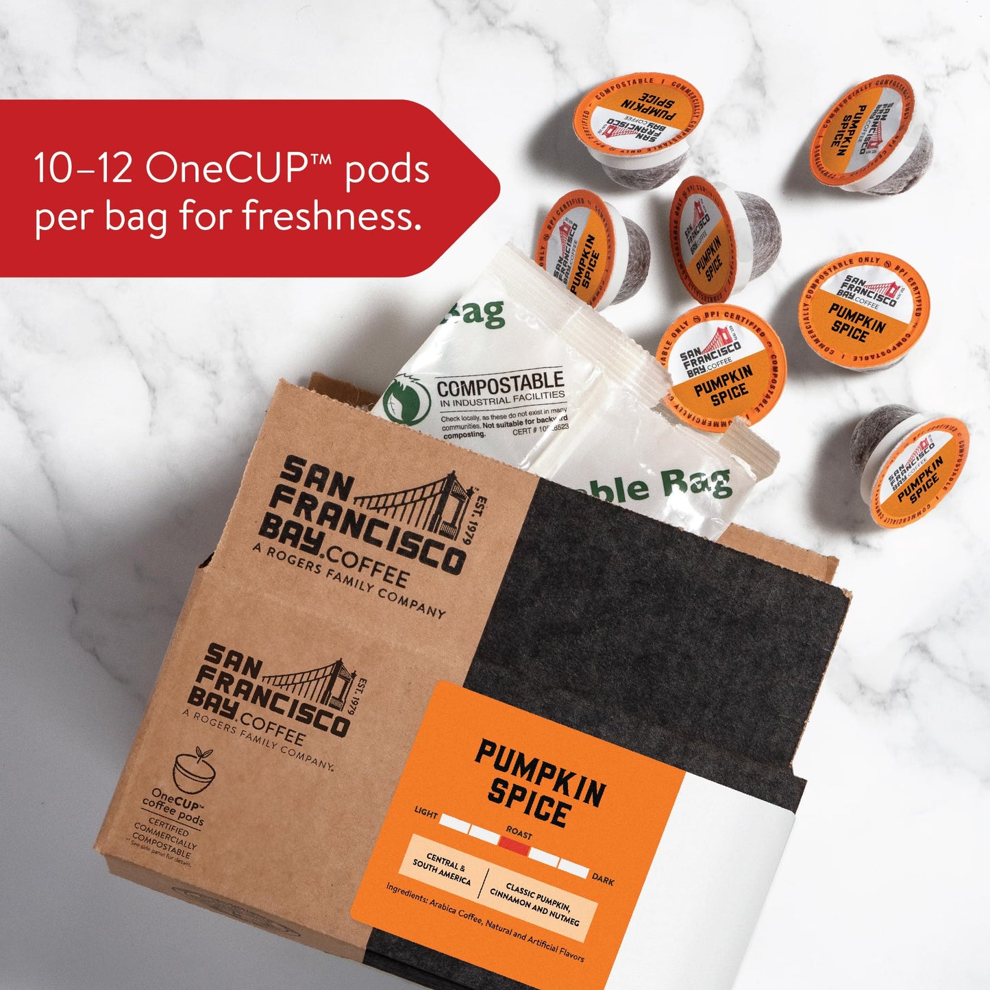 SAN FRANCISCO BAY Compostable Coffee Pods, Pumpkin Spice, Medium Roast, 12 Count, K Cup Compatible