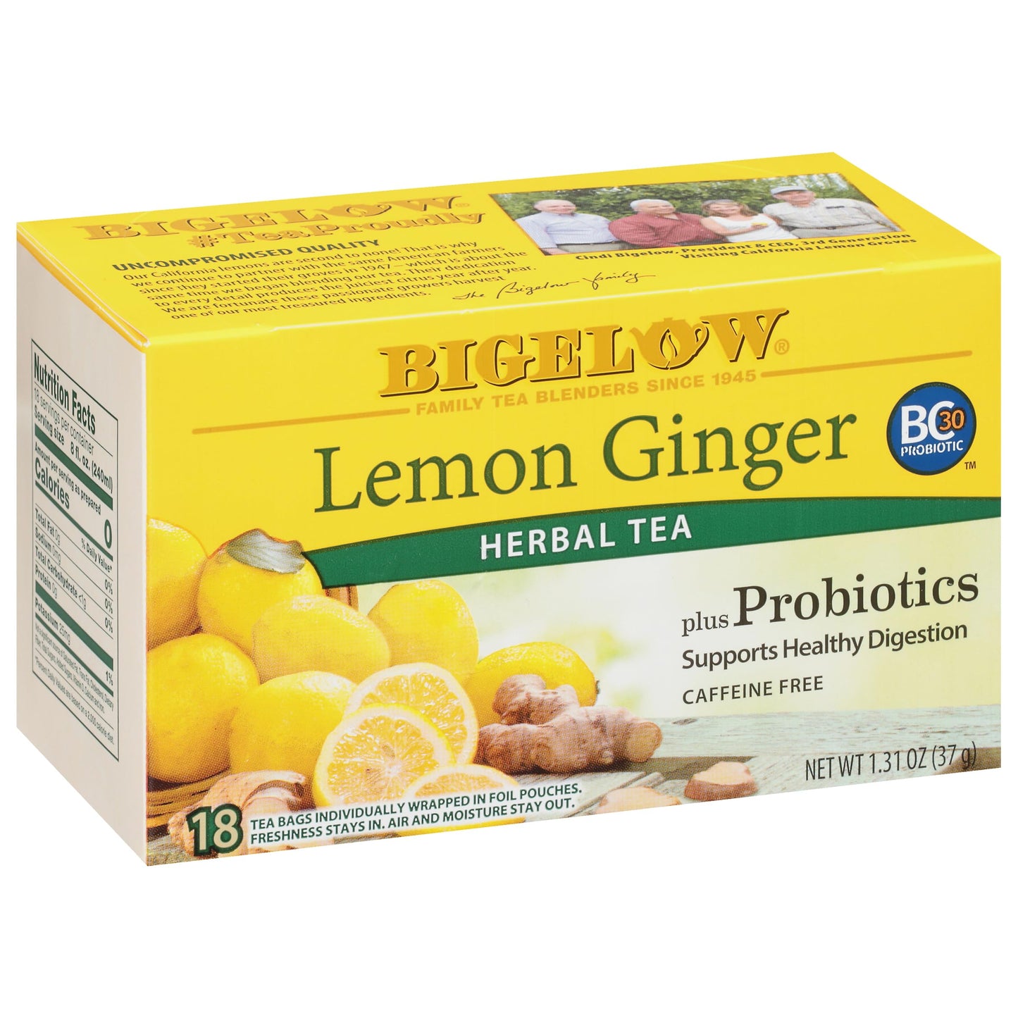 Bigelow Tea Lemon Ginger plus Probiotics Herbal Tea, Caffeine Free Tea, 18 Total Tea Bags (Pack of 1)