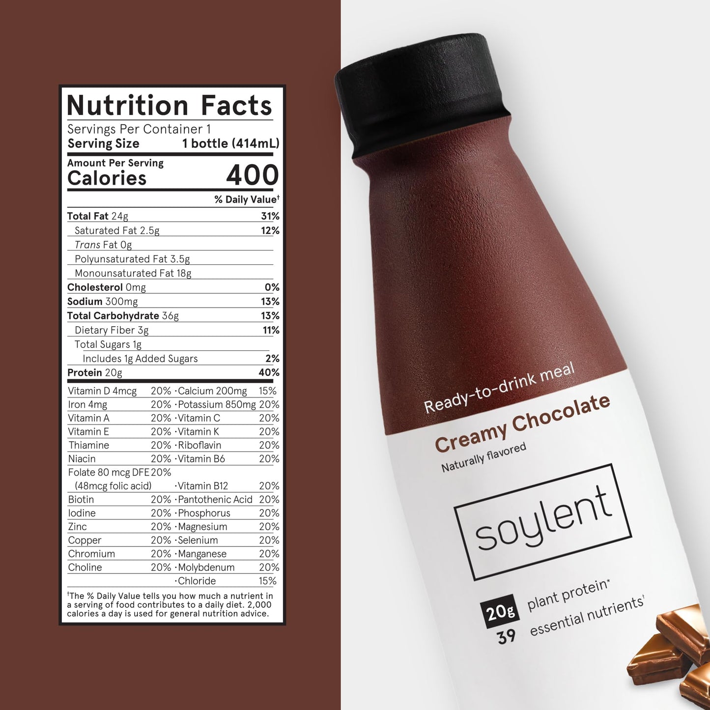 Soylent Creamy Chocolate Meal Replacement Shake, Ready-to-Drink Plant Based Protein Drink, Contains 20g Complete Vegan Protein a