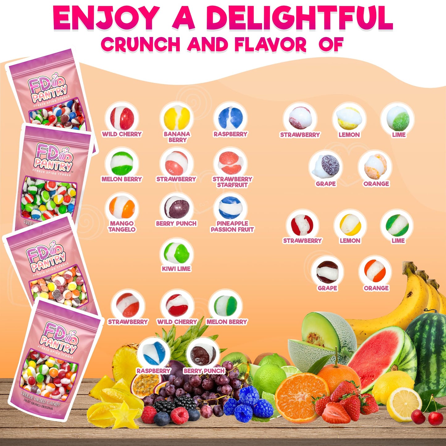 Freeze Dried Candy Variety Pack - Fruit Crunch 4 Pack, Fruit Crunch Original, Wildberry, Sour, Tropical 4 Oz (4 Count) - Assortm