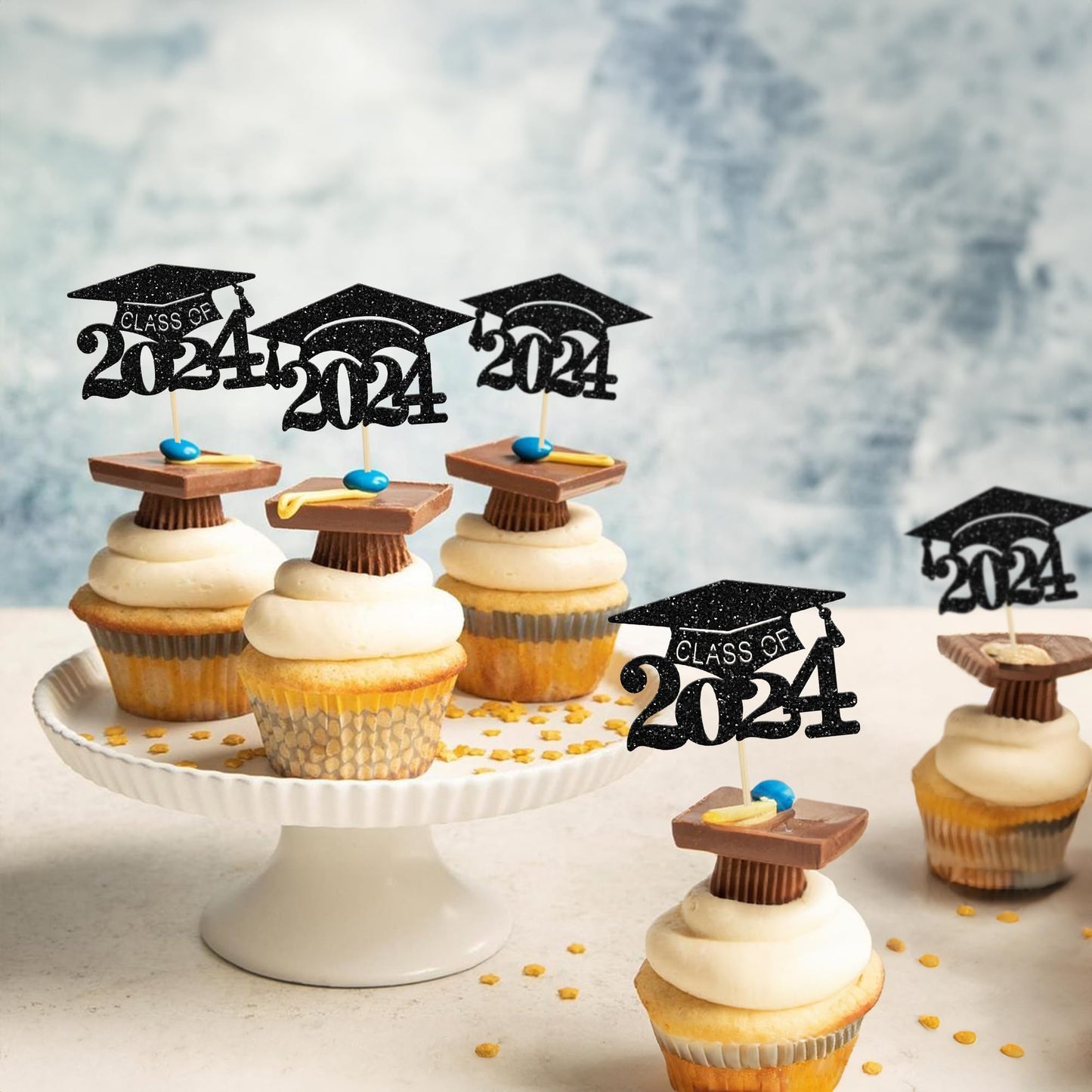 Gyufise 24Pcs Graduation Cap Cupcake Toppers Black Glitter Graduation 2024 Cake Decorations For 2024 Graduation Theme Party Cake