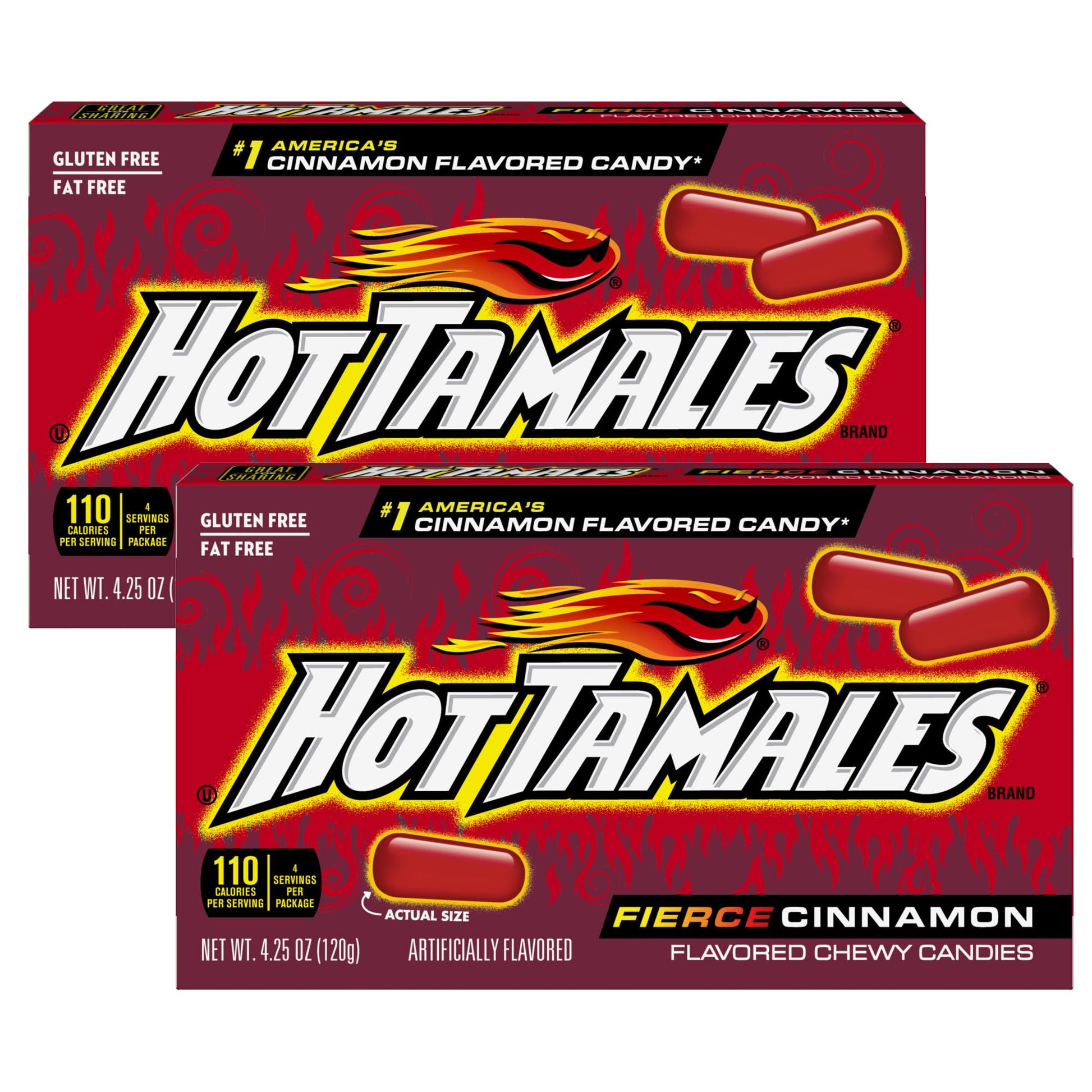 Hot Tamales Fierce Cinnamon Candy, 4.25oz Box Each (Pack of 2) Theater Box, Cinnamon Candy, Gummy Candy, The Hampton Candy Compa
