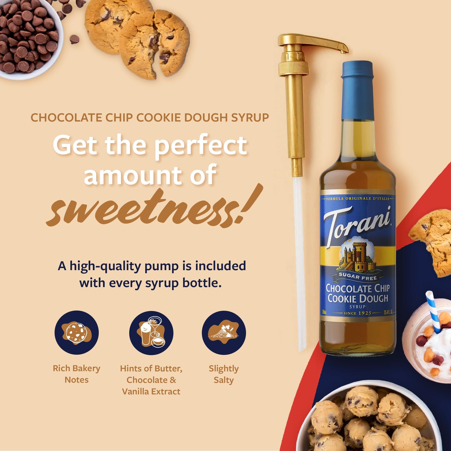 Torani Sugar Free Coffee Syrup, Chocolate Chip Cookie Dough Flavoring For Drinks, Zero Calorie, Glass Bottle With Pump Included,