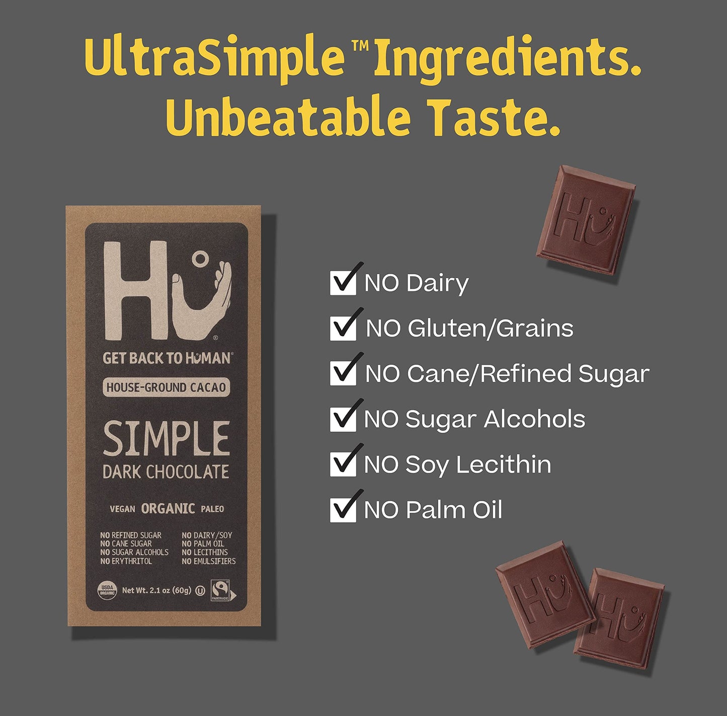 Hu Chocolate Bars | 12 Pack Simple Chocolate | Natural Organic Vegan, Gluten Free, Paleo, Non Gmo, Fair Trade Dark Chocolate | 2