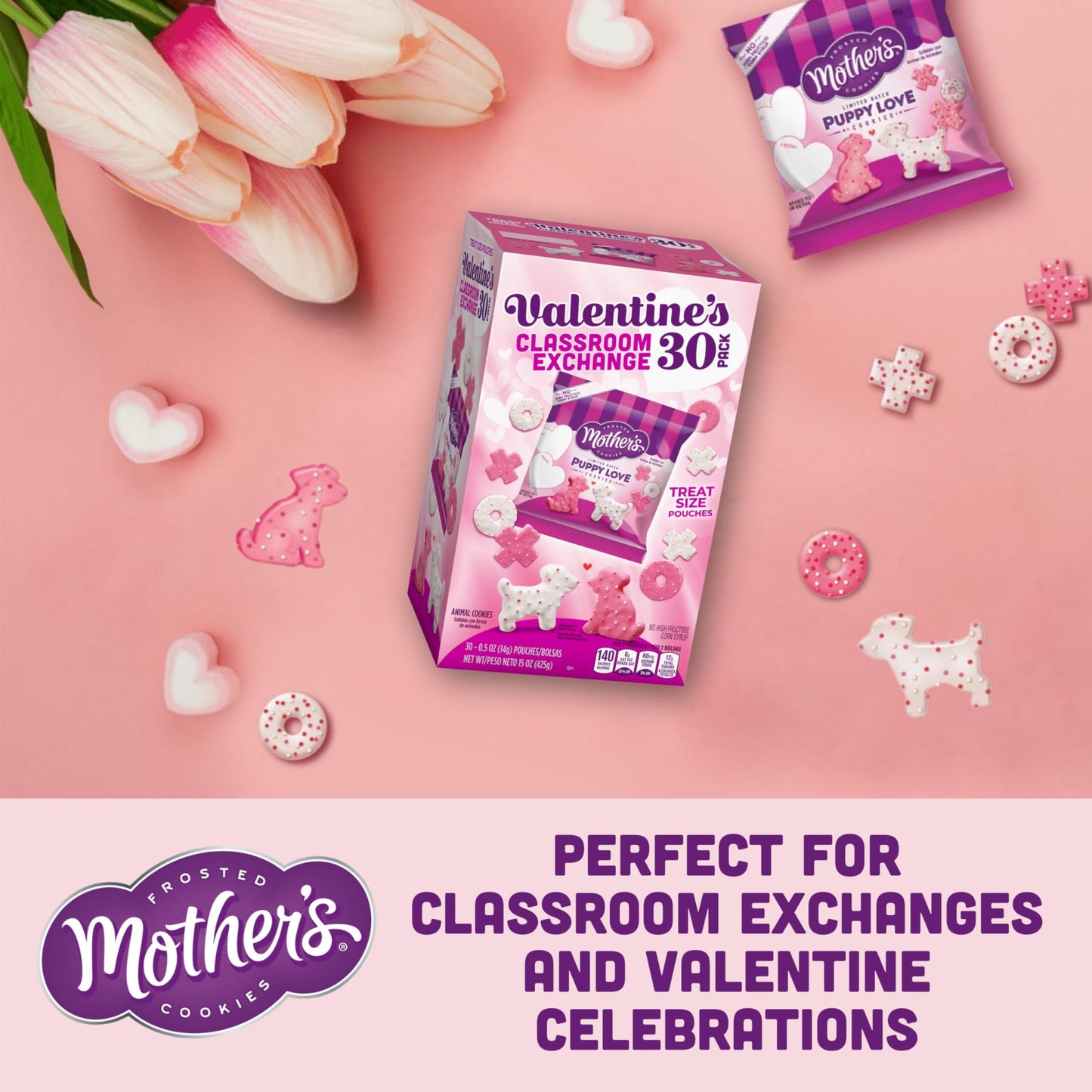 Mother'S Limited Batch Puppy Love Frosted Cookies 30 Count Box Of 0.5Oz Bags, Valentine'S Classroom Exchange - 15Oz / 425G