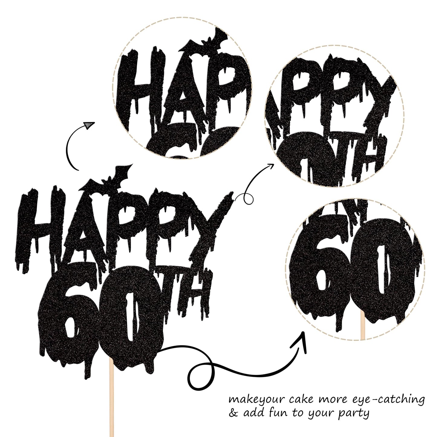1 Pcs Halloween Theme Happy 60Th Birthday Cake Topper Glitter Cheers To 60 Years Bat Halloween Cake Pick For Halloween Happy 360