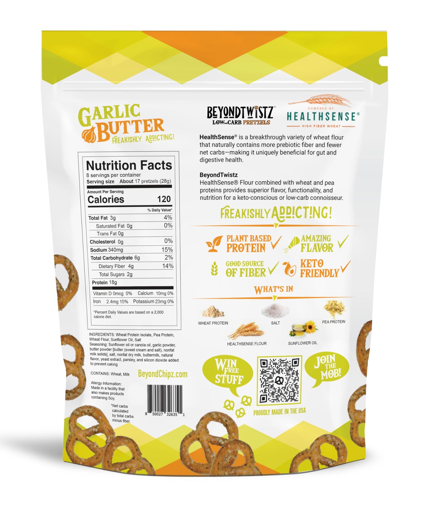 BeyondChipz Low Carb Pretzels, Garlic Butter, Keto Friendly, 8oz Family Size, 2g Net Carbs, 18g Protein