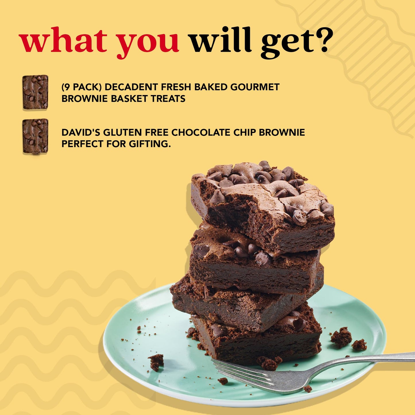Davids Cookies Gluten-Free Chocolate Chip Brownies 9 Pack - Decadent Fresh Baked Gourmet Brownie Basket Treats - Great For Shari