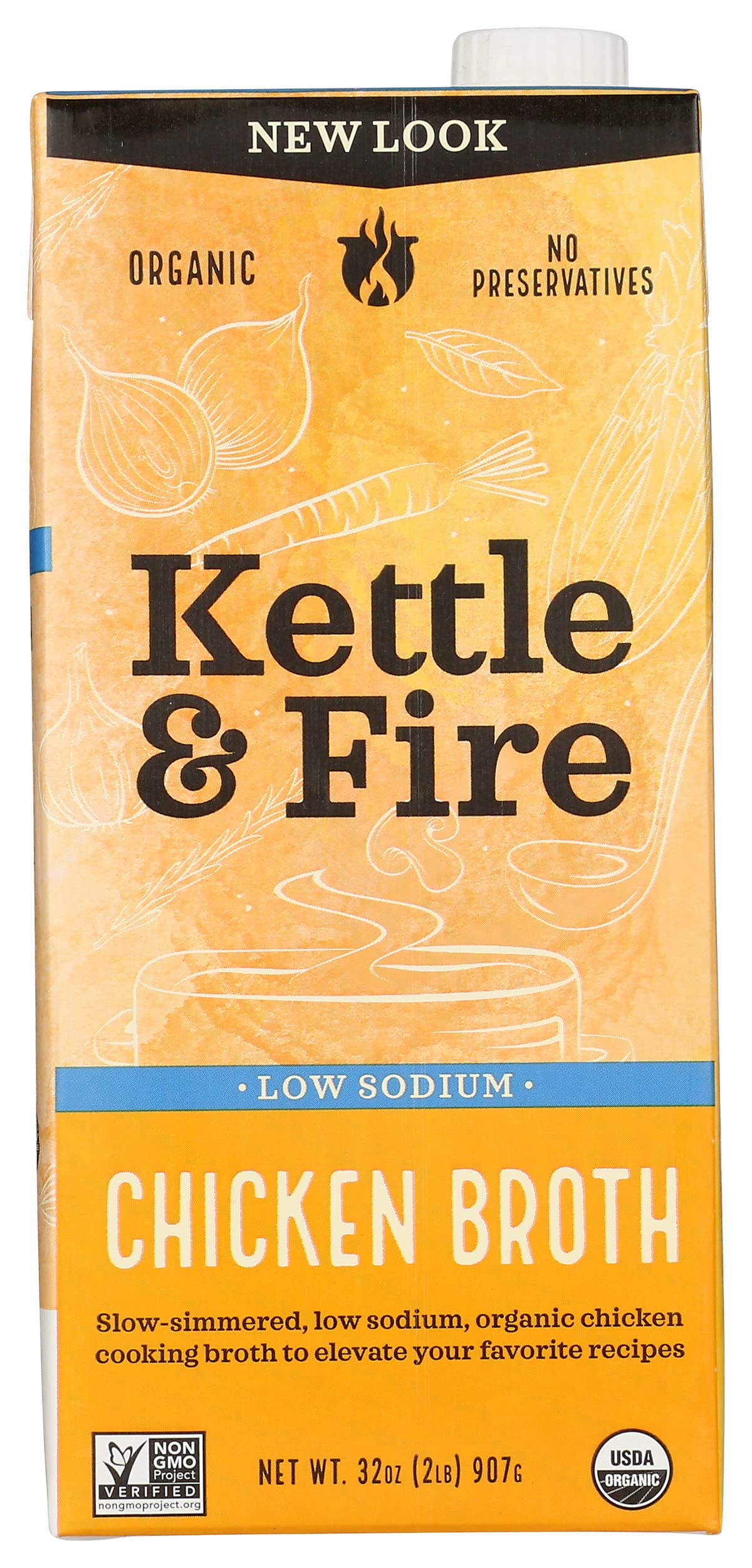 Kettle and Fire Organic Low Sodium Cooking Chicken Broth, USDA Organic, Gluten Free, Preservatives Free, 32 Ounce (Pack of 6)