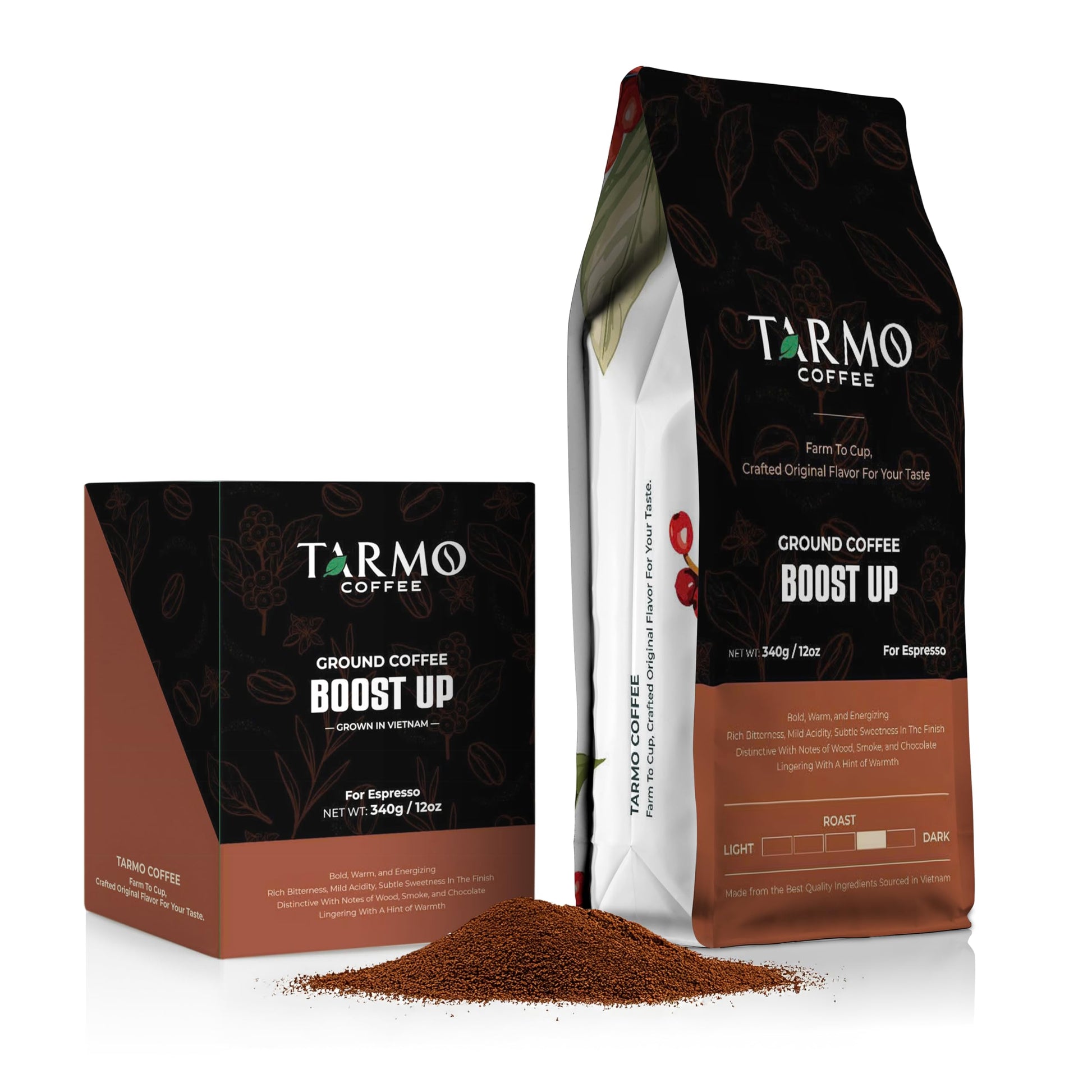 TARMO COFFEE Low Acid Arabica & Robusta Blend Ground Coffee, Dark Roast, High Caffeine, 12 Oz Bag