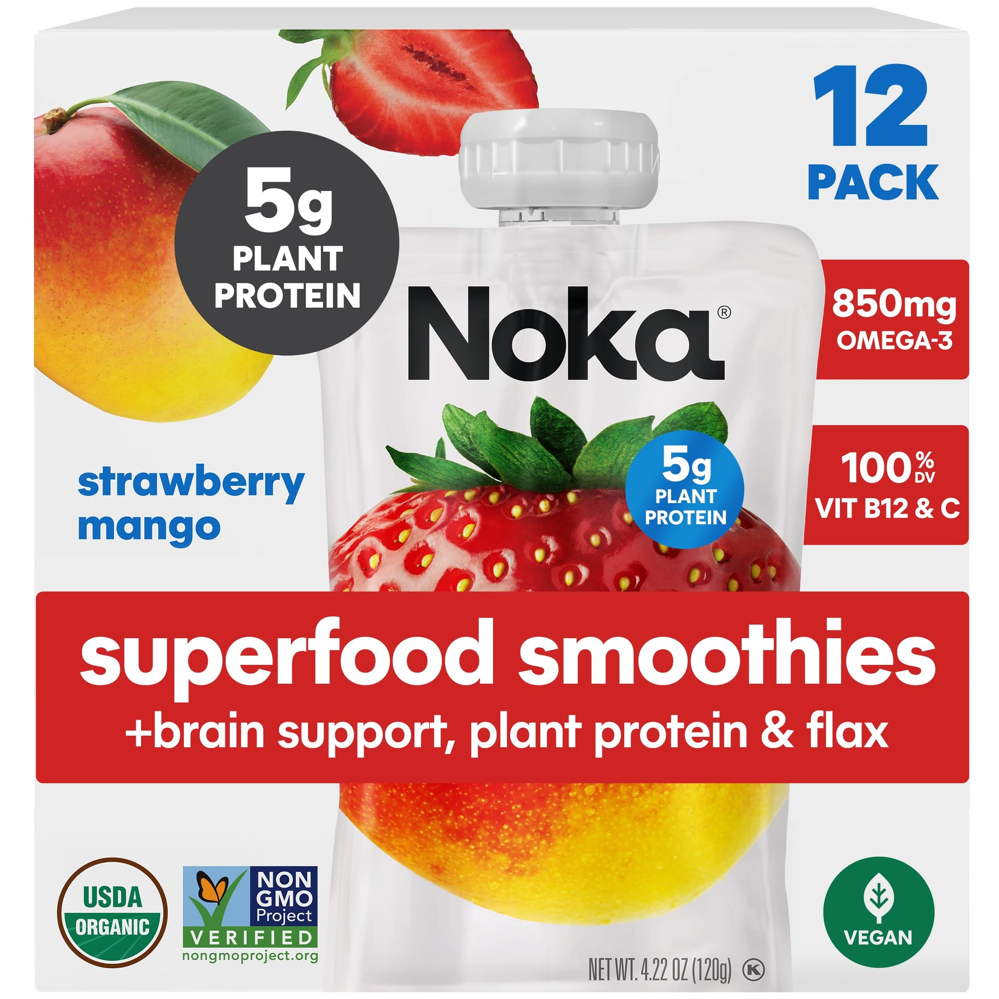Noka Superfood Fruit Smoothie Pouches, Strawberry Mango with Brain Support, Healthy Snacks w/ 850mg Omega-3 Flax Seed, Plant Pro