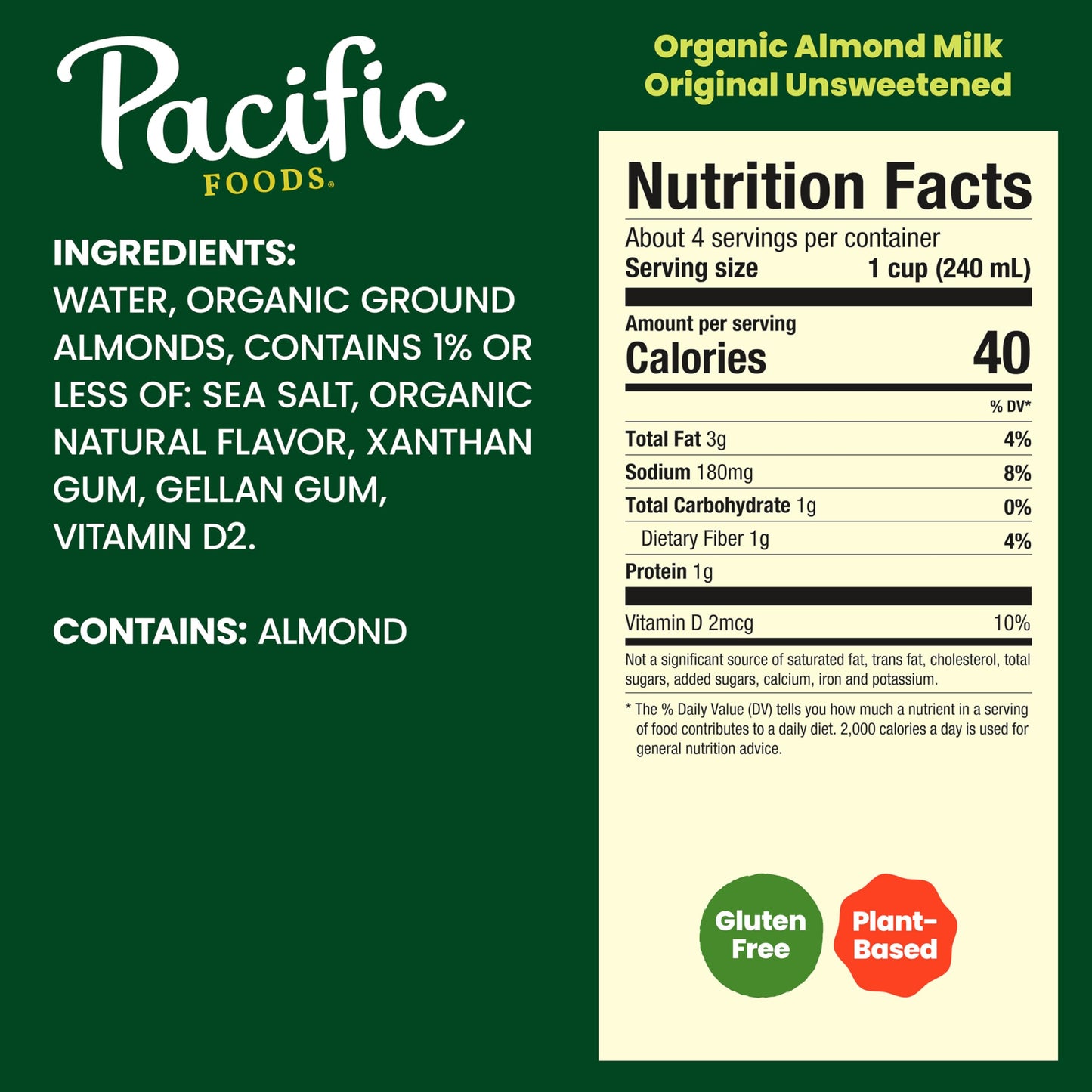 Pacific Foods Organic Unsweetened Almond Milk, Plant Based Milk, 32 oz Carton (Pack of 6)