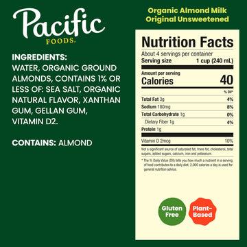 Pacific Foods Organic Unsweetened Almond Milk, Plant Based Milk, 32 oz Carton (Pack of 6)
