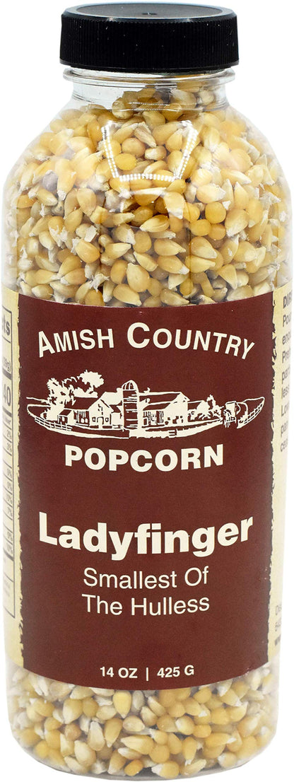 Amish Country Popcorn | 14 oz Bottle | Ladyfinger Popcorn Kernels | Old Fashioned, Non-GMO and Gluten Free (14 oz Bottle)