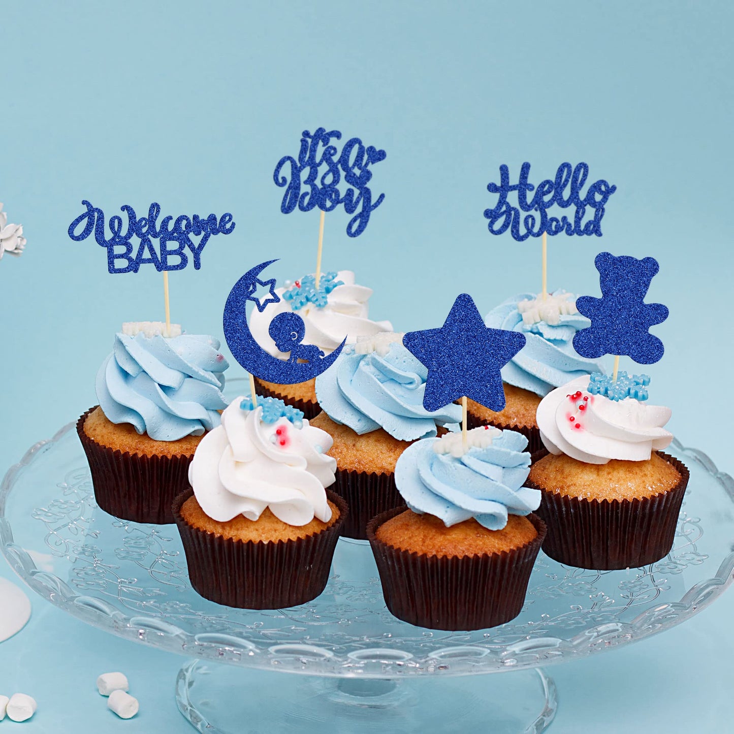 Gyufise 24Pcs Baby Shower Boy Cupcake Toppers With Moon Star Bear Light Blue Glitter It'S A Boy Welcome Baby Hello World Baby Bo