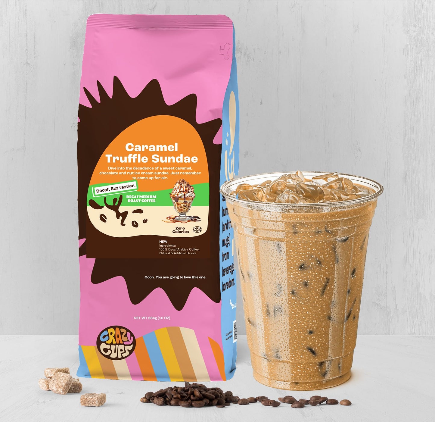 Crazy Cups Decaf Flavored Ground Coffee, Decaffeinated Caramel Truffle Sundae Coffee, For Brewing Flavored Hot or Iced Decaf Car