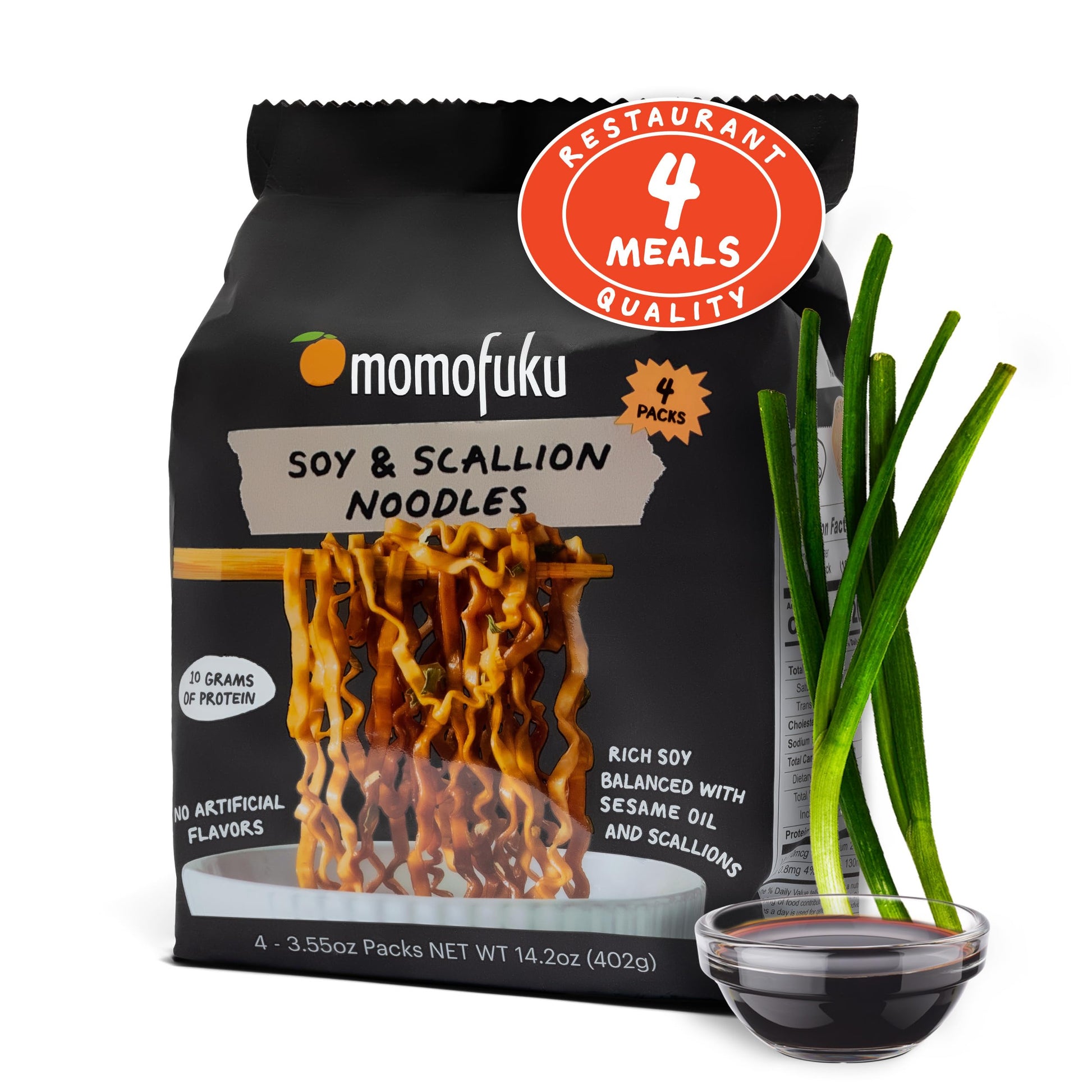 Momofuku Soy and Scallion Ramen Noodles by David Chang, 4 Pack of Restaurant Quality Air-Dried Instant Noodles Now with More Sau