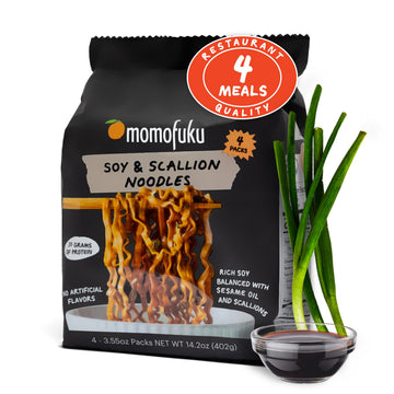 Momofuku Soy and Scallion Ramen Noodles by David Chang, 4 Pack of Restaurant Quality Air-Dried Instant Noodles Now with More Sau