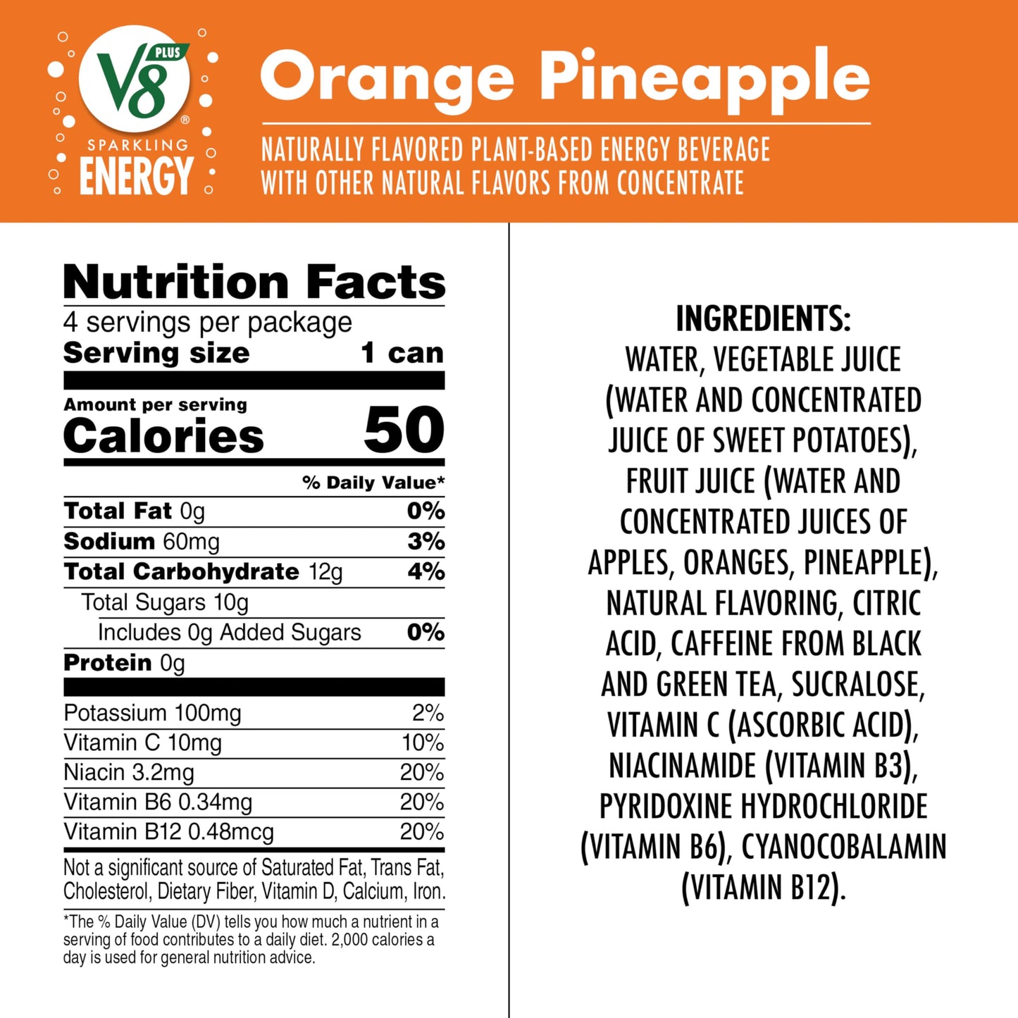 V8 Energy Drink, Sparkling Orange Pineapple, 11.5 fl oz Can, Pack of 4