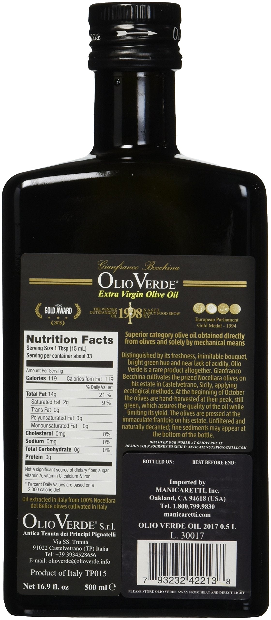 Olio Verde Extra Virgin Olive Oil, 16.89 oz, 16.91 Fl Oz (Pack of 1), Model 0793232422138