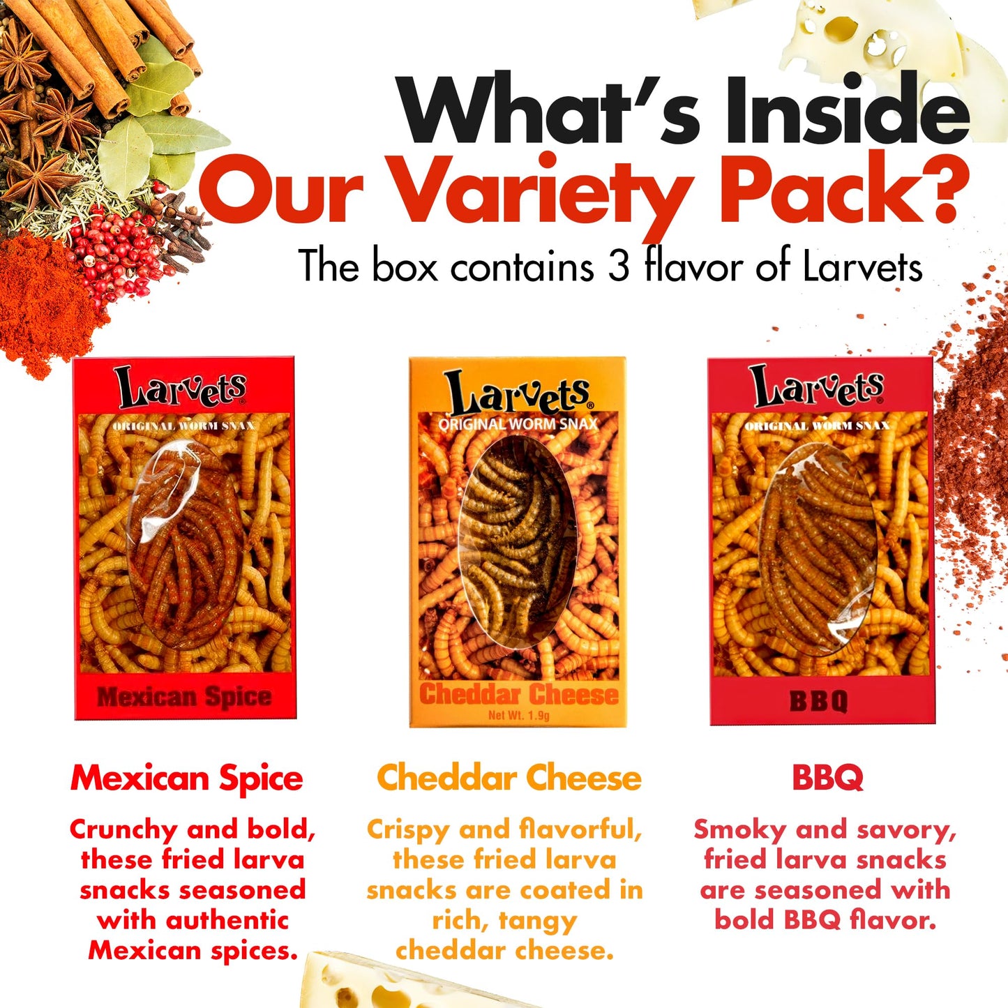 Hotlix Larvets Edible Bugs (6-Pack) | Real Flavored Edible Larvae In Mexican Cheese, Cheddar Cheese & Bbq | Exotic Snacks For Mature-Themeds | Snack Food Gifts For Any Occasions | Flavored Bugs To Eat