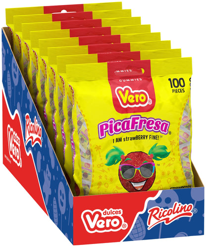Vero PicaFresa Strawberry Artificially Flavored Gummy Coated with Chili and Sugar, 8 Bags, 100 Count Each, Net Weight of 10 Poun