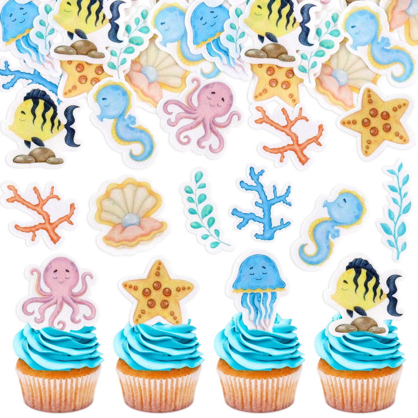 Ercadio Edible Ocean Animal Cupcake Toppers, 50 Pack, Birthday Party & Baby Shower Decorations, Yellow-50