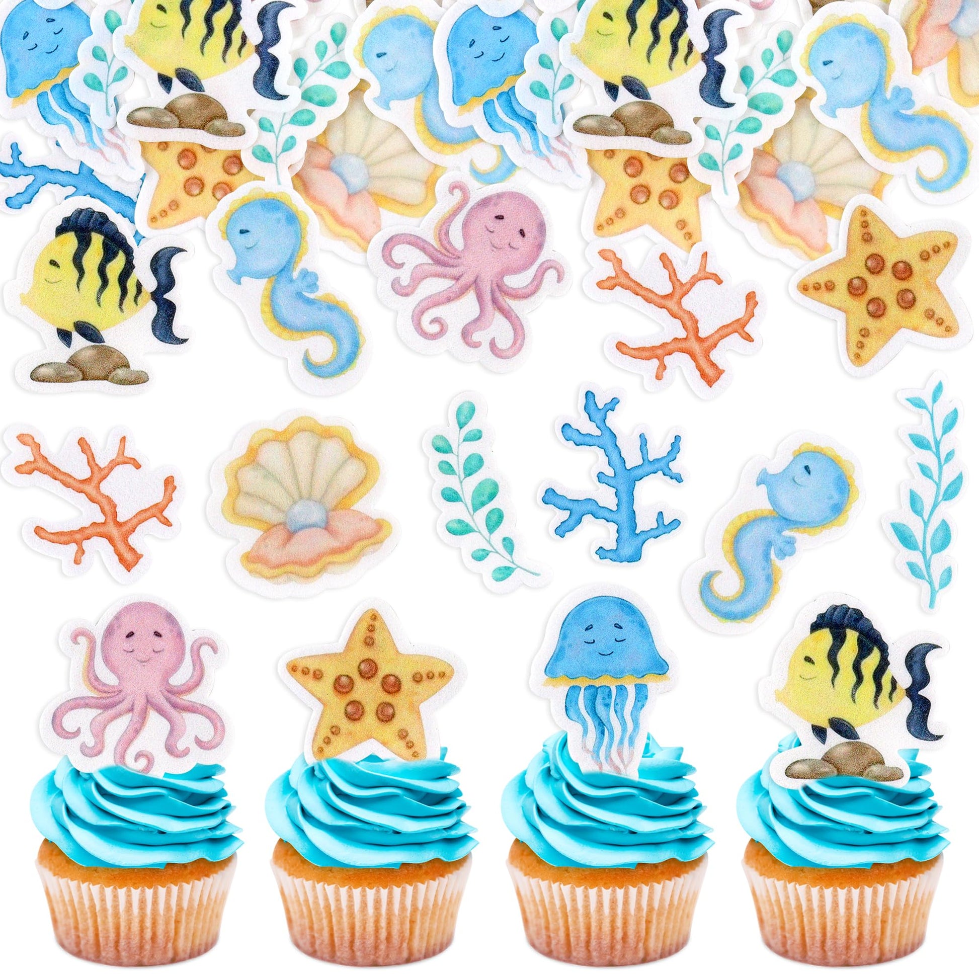 Ercadio Edible Ocean Animal Cupcake Toppers, 50 Pack, Birthday Party & Baby Shower Decorations, Yellow-50
