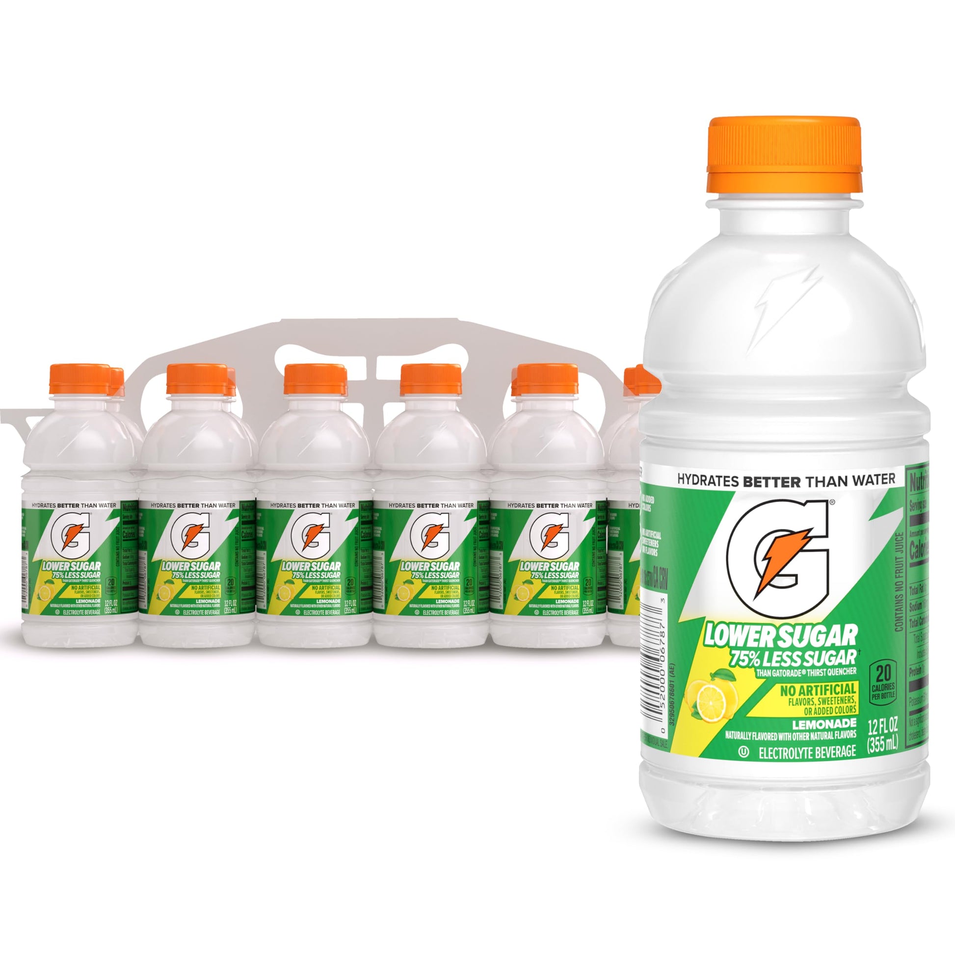 Gatorade Lower Sugar Electrolyte Sports Drink, Lemonade, 12 fl oz Bottles, (12 Pack), 75% Less Sugar, No Artificial Flavors, No 