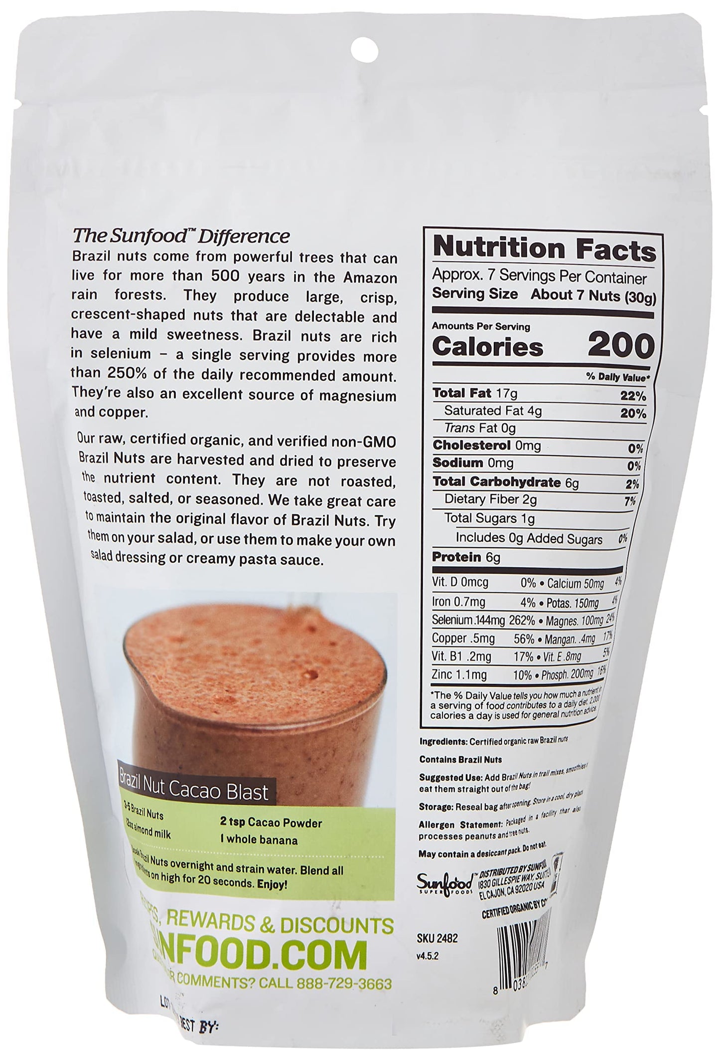 Sunfood Superfoods Raw Organic Brazil Nuts, Unsalted, Vegan, 8 oz Bag