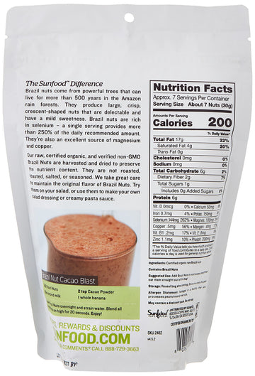 Sunfood Superfoods Raw Organic Brazil Nuts, Unsalted, Vegan, 8 oz Bag