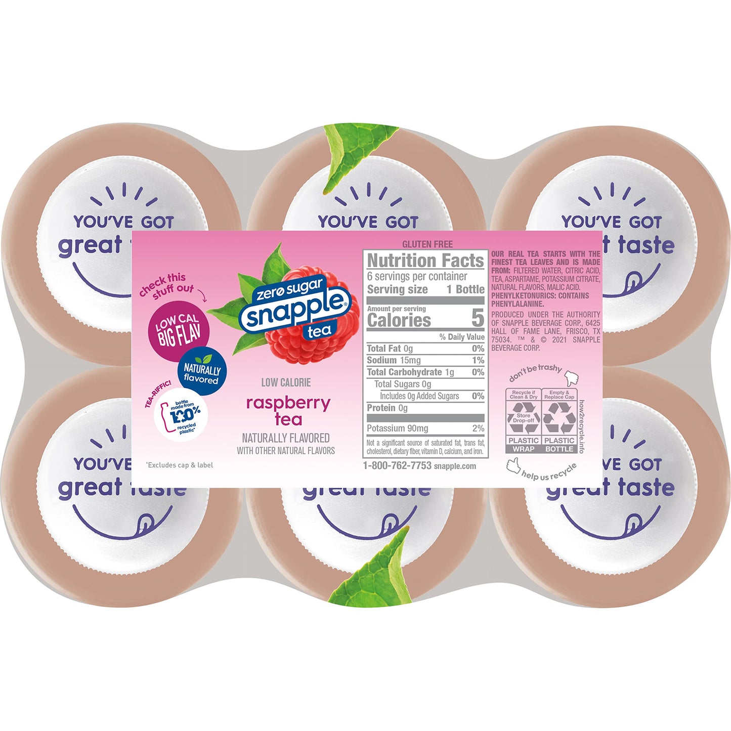 Snapple Zero Sugar Raspberry Tea, 16 fl oz recycled plastic bottle, 6 pack
