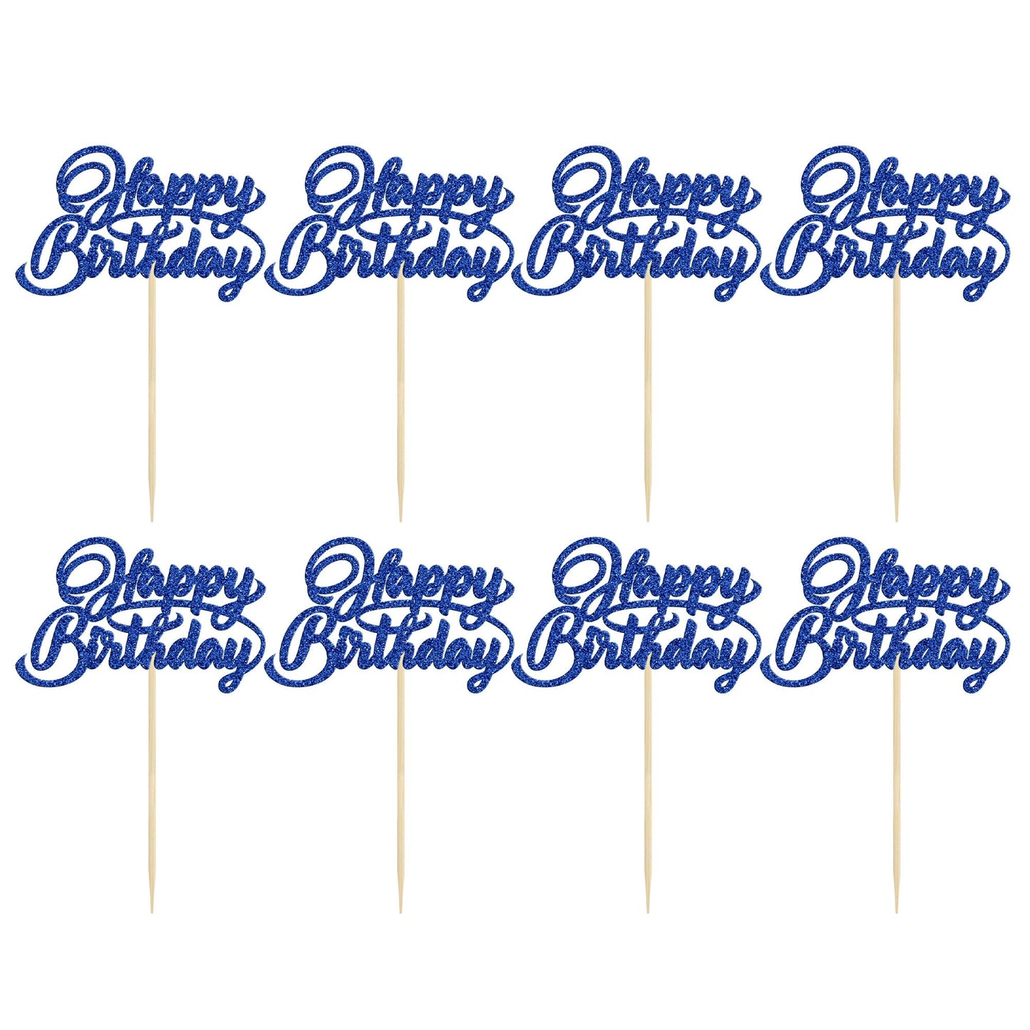 24Pcs Happy Birthday Cupcake Toppers Dark Blue Glitter Birthday Cupcake Food Picks For Celebrating Happy Birthday Party Cake Dec