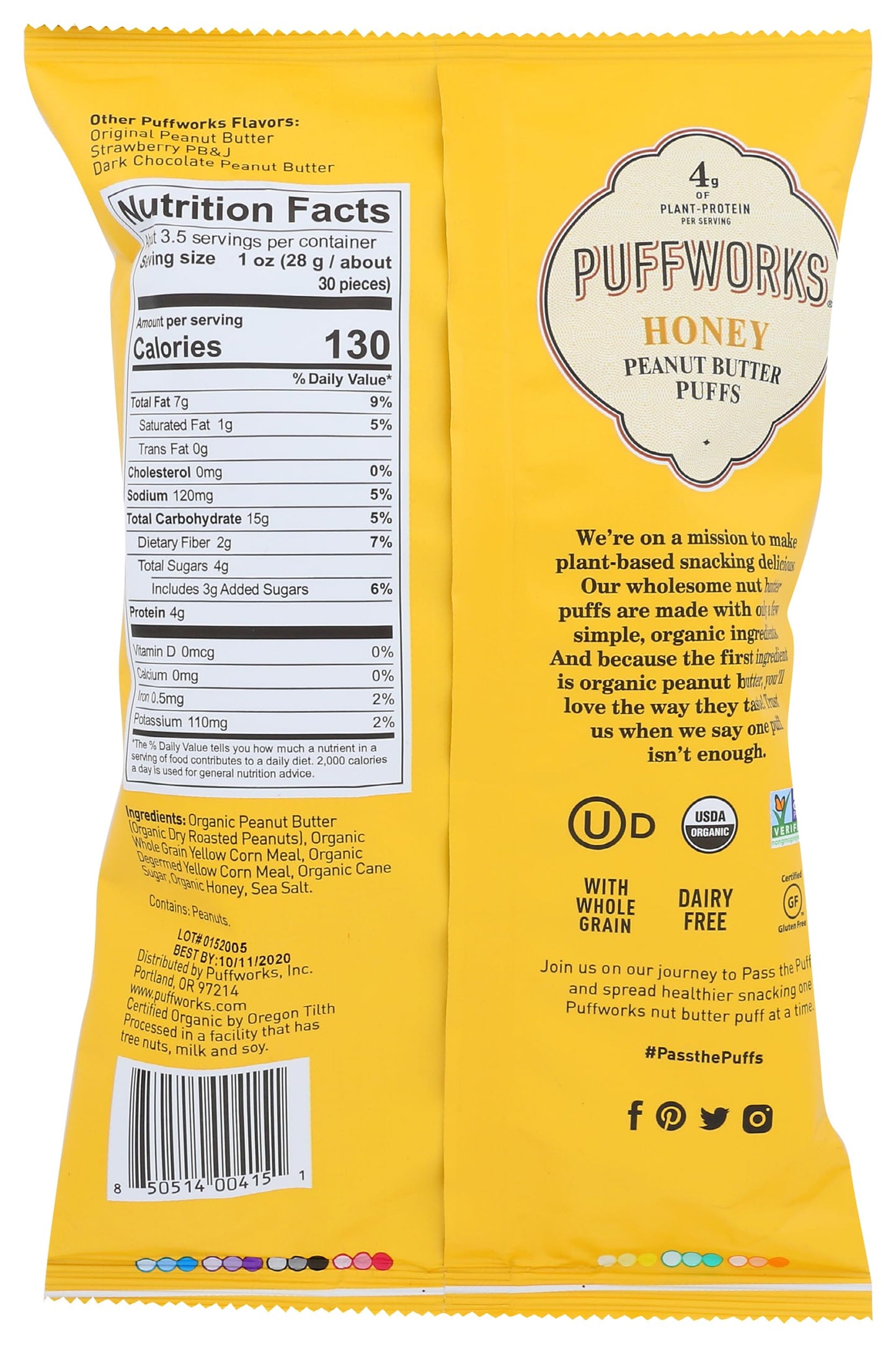 Puffworks Organic Honey Peanut Butter Puffs 3.5 Oz