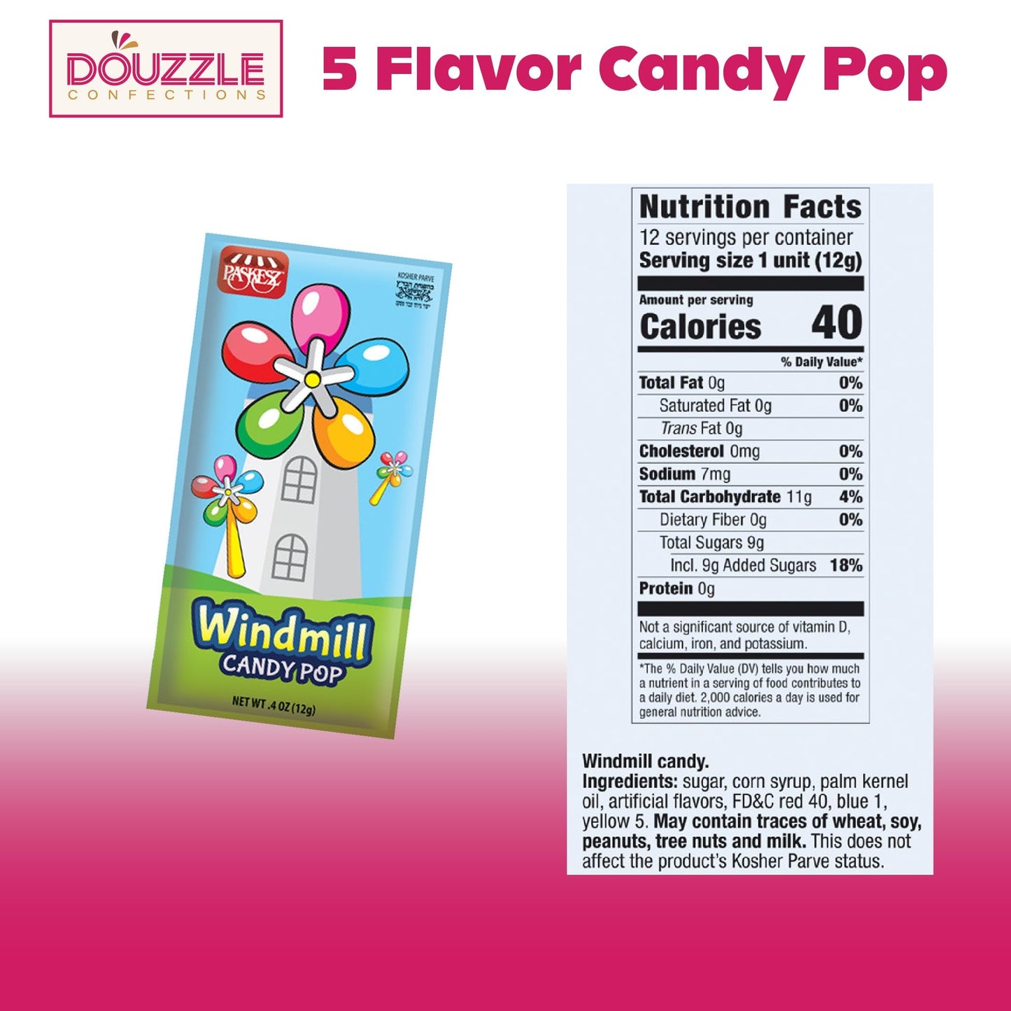 Douzzle Windmill Candy Pop Spinner, 5 Flavors In Every Pop, Fun Lollipop (12 Count, Pack Of 1) Individually Wrapped Candies, Bir