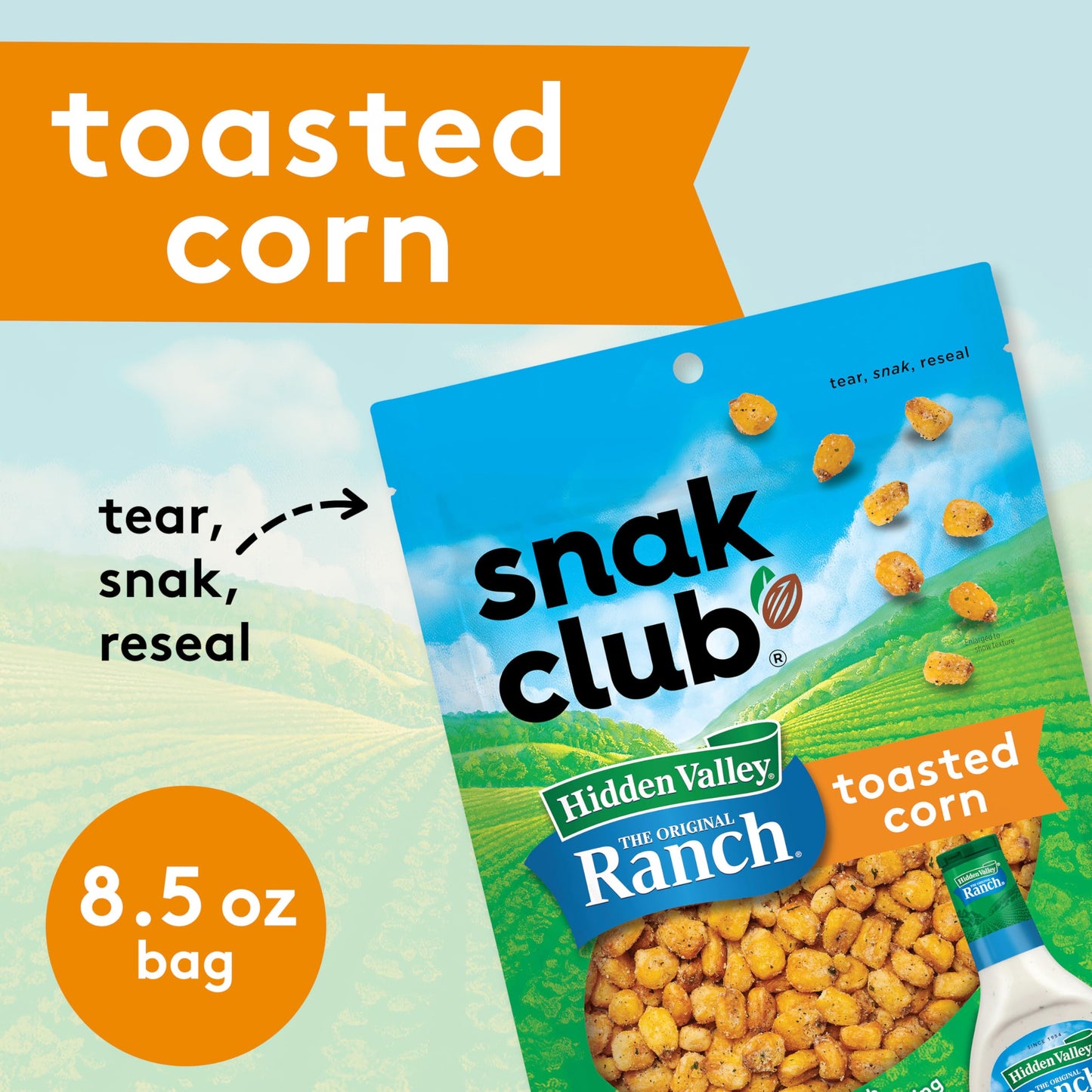 Snak Club Toasted Corn with Hidden Valley Ranch Seasoning, Roasted and Salted Corn Nuggets, Gluten-Free and Kosher Snack, 8.5 oz