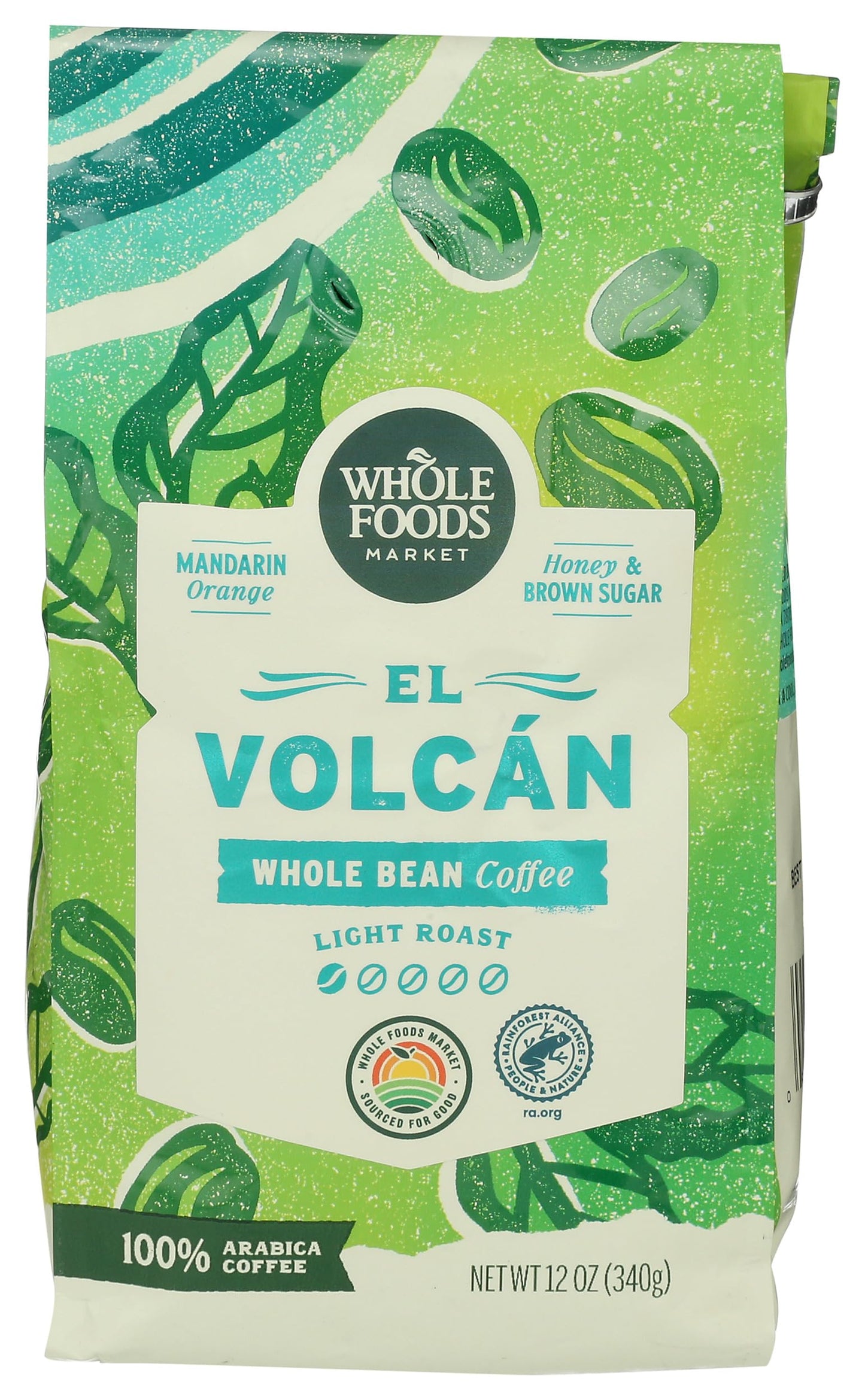 Whole Foods Market, El Volcan Light Roast Whole Bean Coffee, Mandarin Orange, Honey & Brown Sugar, 12 Ounce