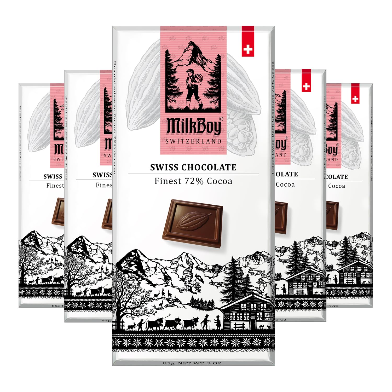 Milkboy Swiss Chocolates Dark Chocolates - 72% Cocoa  Made In Switzerland  Dairy Free  Vegan  Gluten-Free  Non-Gmo  Kosher  Sustainably Farmed  European Chocolate - 3 Oz  Pack 5