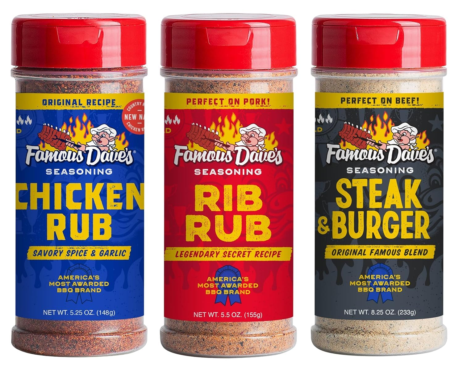Famous Daves Seasoning Variety 3-Pack, Steak & Burger Rub, Rib Rub for Beef/Pork, Chicken Rub, 6.33 Ounce Each