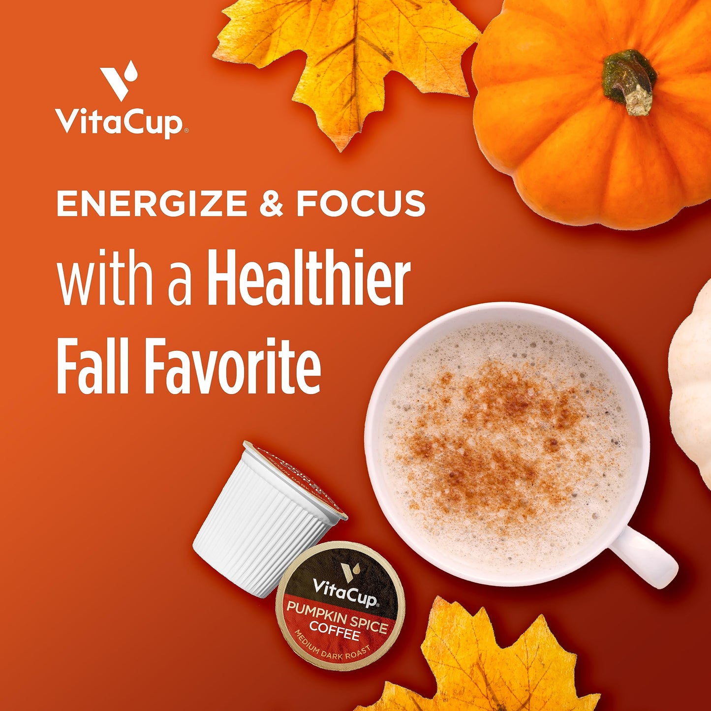 VitaCup Pumpkin Spice Coffee Pods, Medium Dark Roast, 100% Arabica, Compatible with Keurig, 16 Count, Recyclable